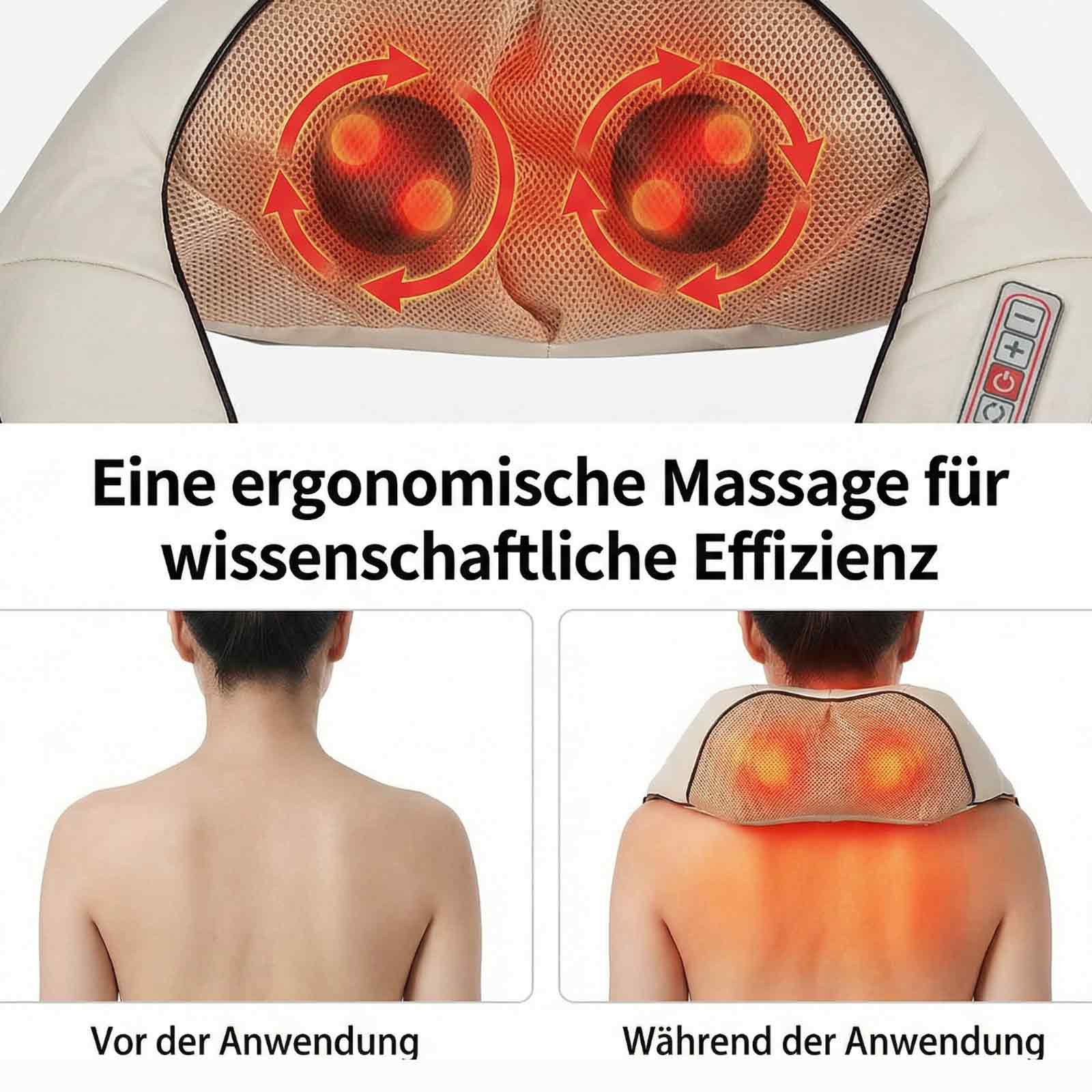 Das Bild zeigt einen Nackenmassagegerät und Diagramme des Rückens einer Person vor und während der Anwendung. Text in Deutsch.
