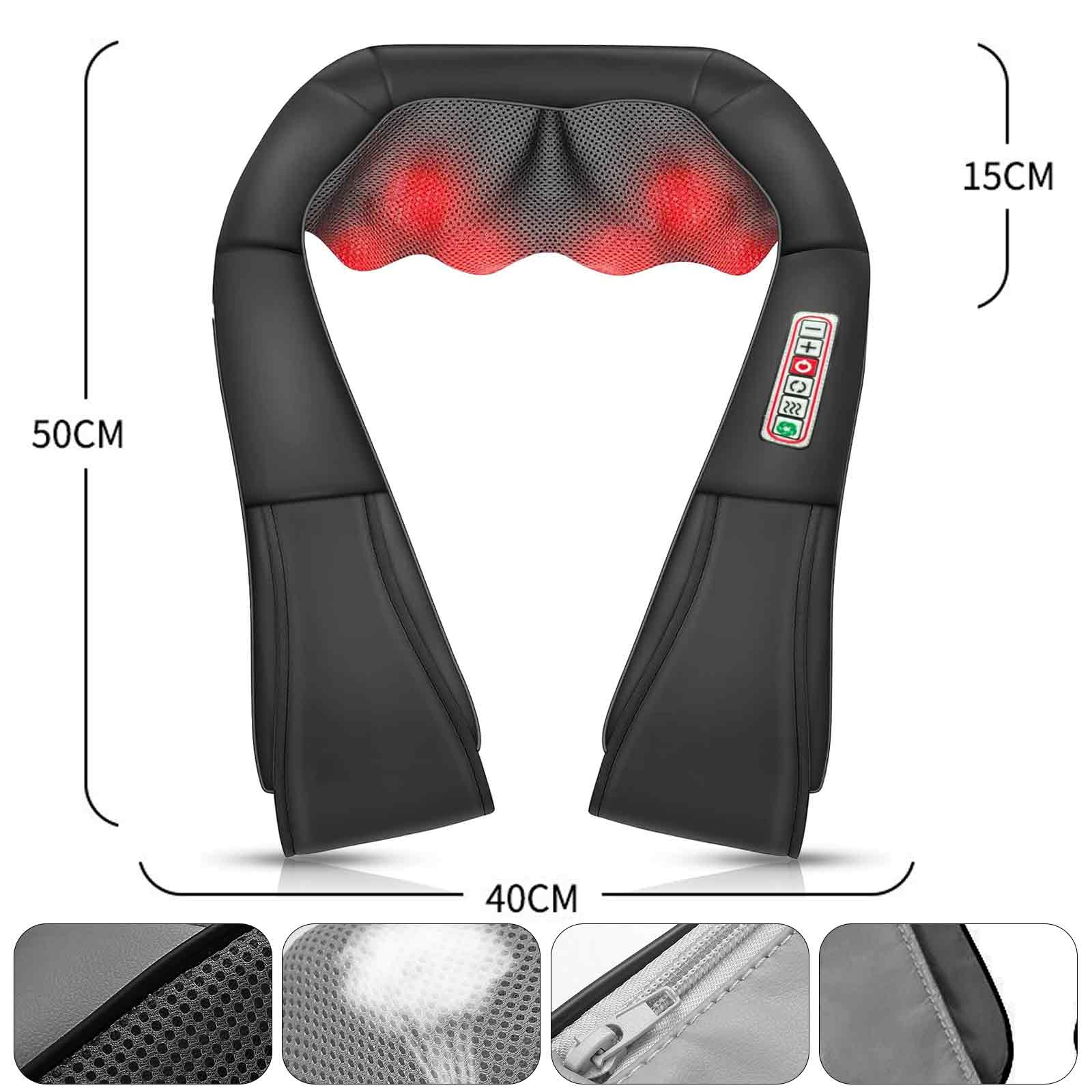Schwarzes Nackenmassagegerät mit roten Massagestellen. Maße: 50cm, 40cm, 15cm. Bedienfeld rechts.