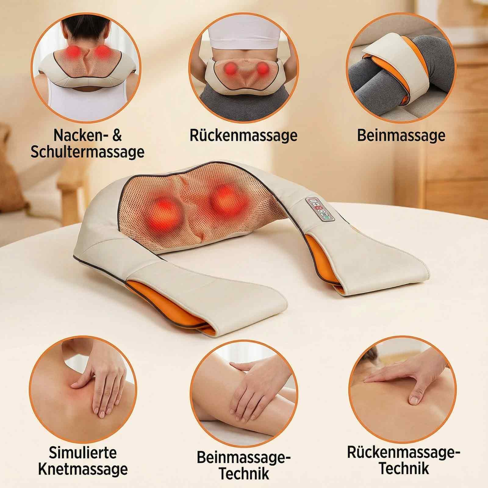 Massagegerät mit verschiedenen Anwendungen. Es zeigt Nacken-, Rücken- und Beinmassagetechniken mit dem Gerät.