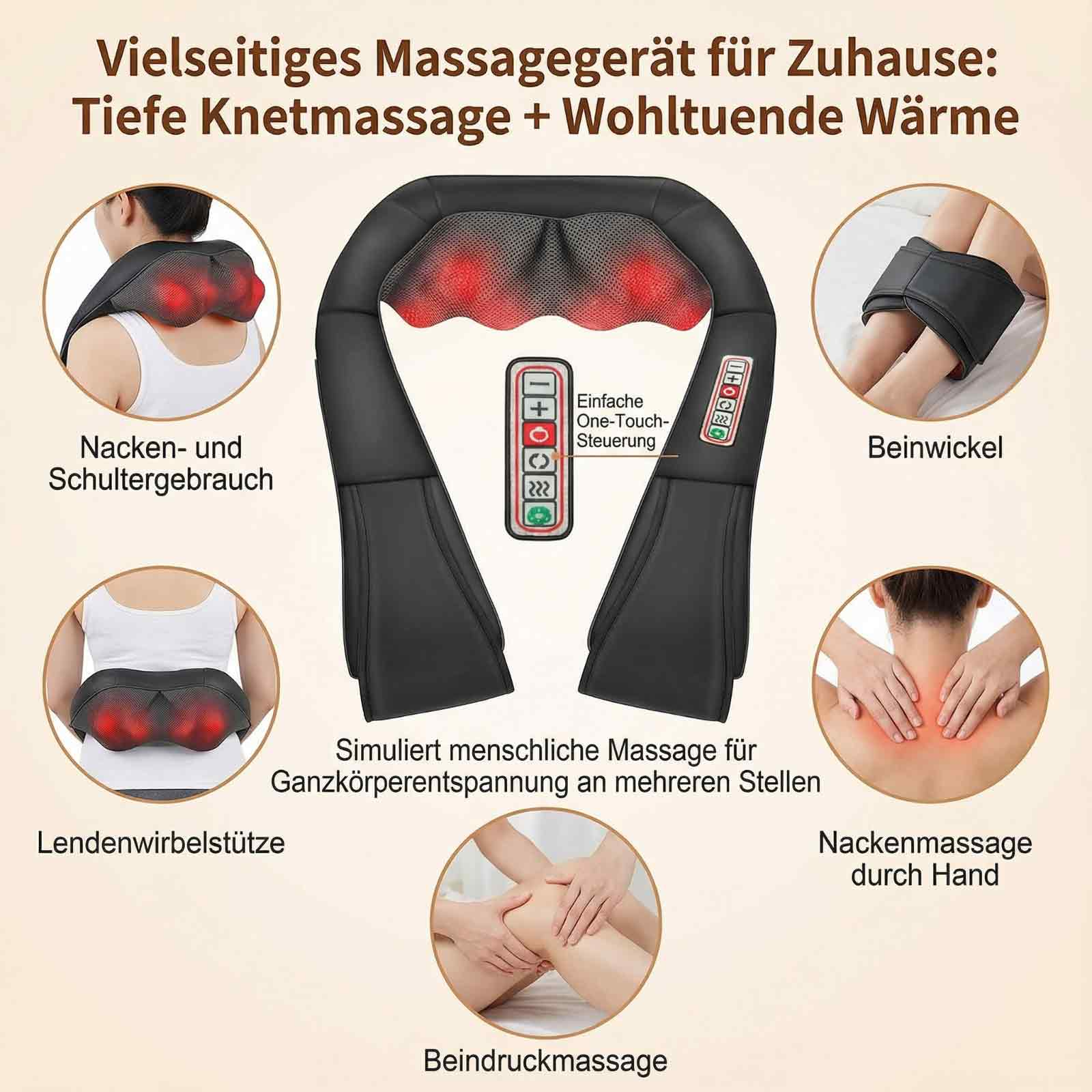 Das Bild zeigt ein Nacken- und Schultermassagegerät mit mehreren Einsatzbereichen, einschließlich Nacken- und Rückenmassage.