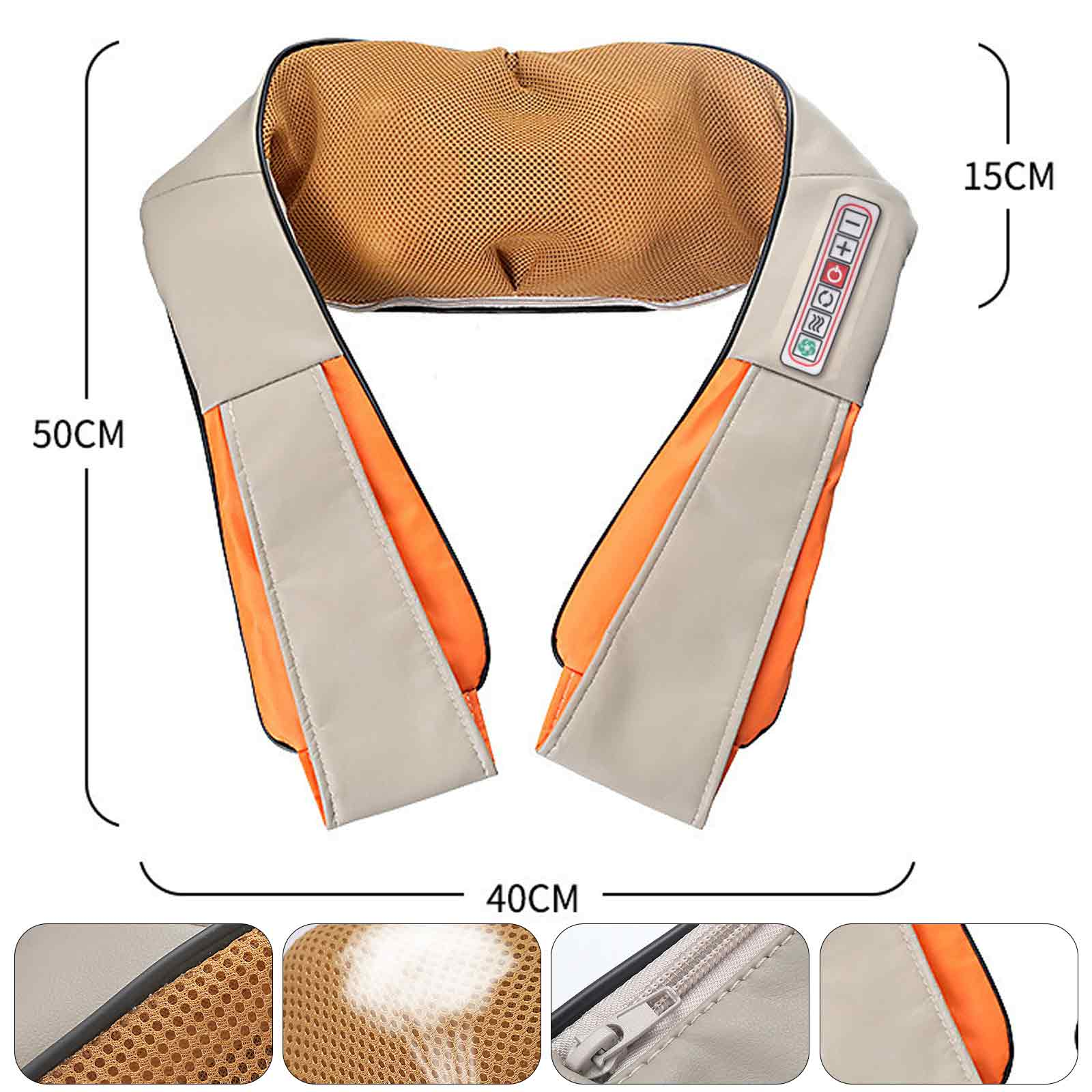 Ein beige-oranges Nackenmassagegerät mit Maßangaben. Details umfassen Netzstoff und Bedienelemente.