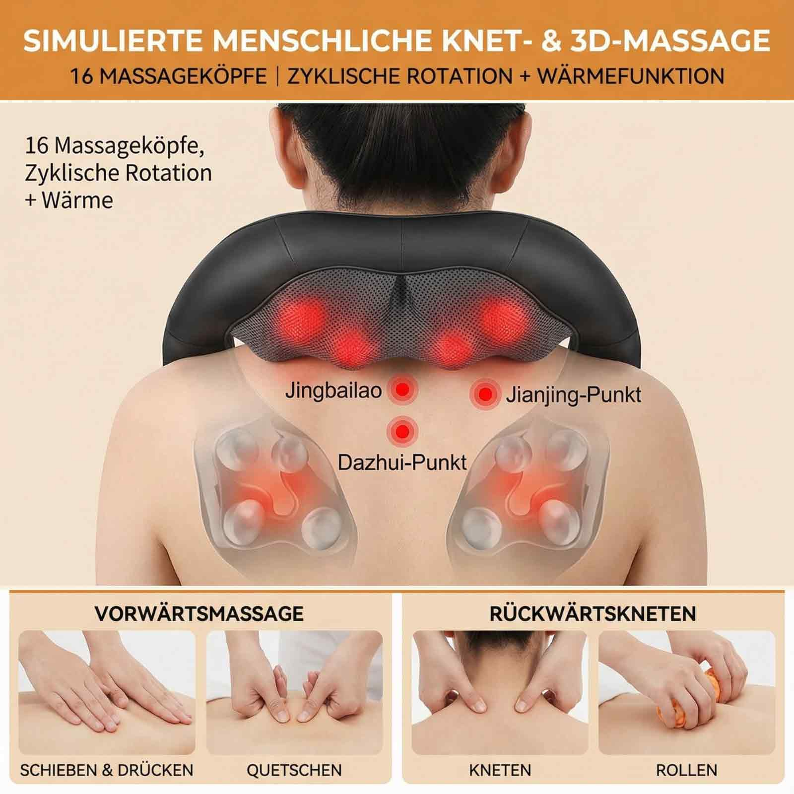 Nackenmassagegerät mit roten Knoten. Zeigt Massagepunkte und -techniken. Enthält Text auf Deutsch.