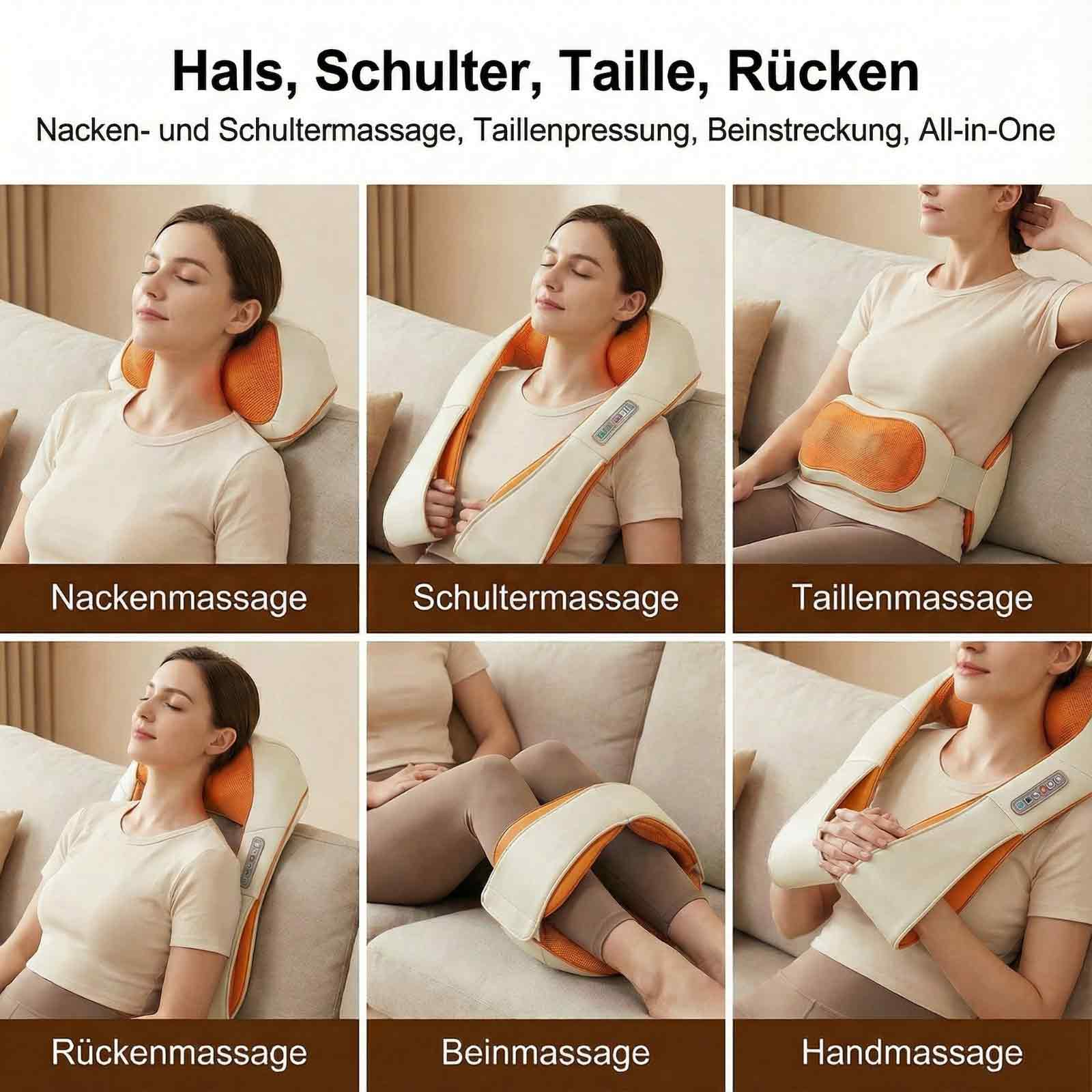 Das Bild zeigt Massagegeräte für Nacken, Schultern, Taille, Rücken, Beine und Hände. Personen benutzen die Geräte.