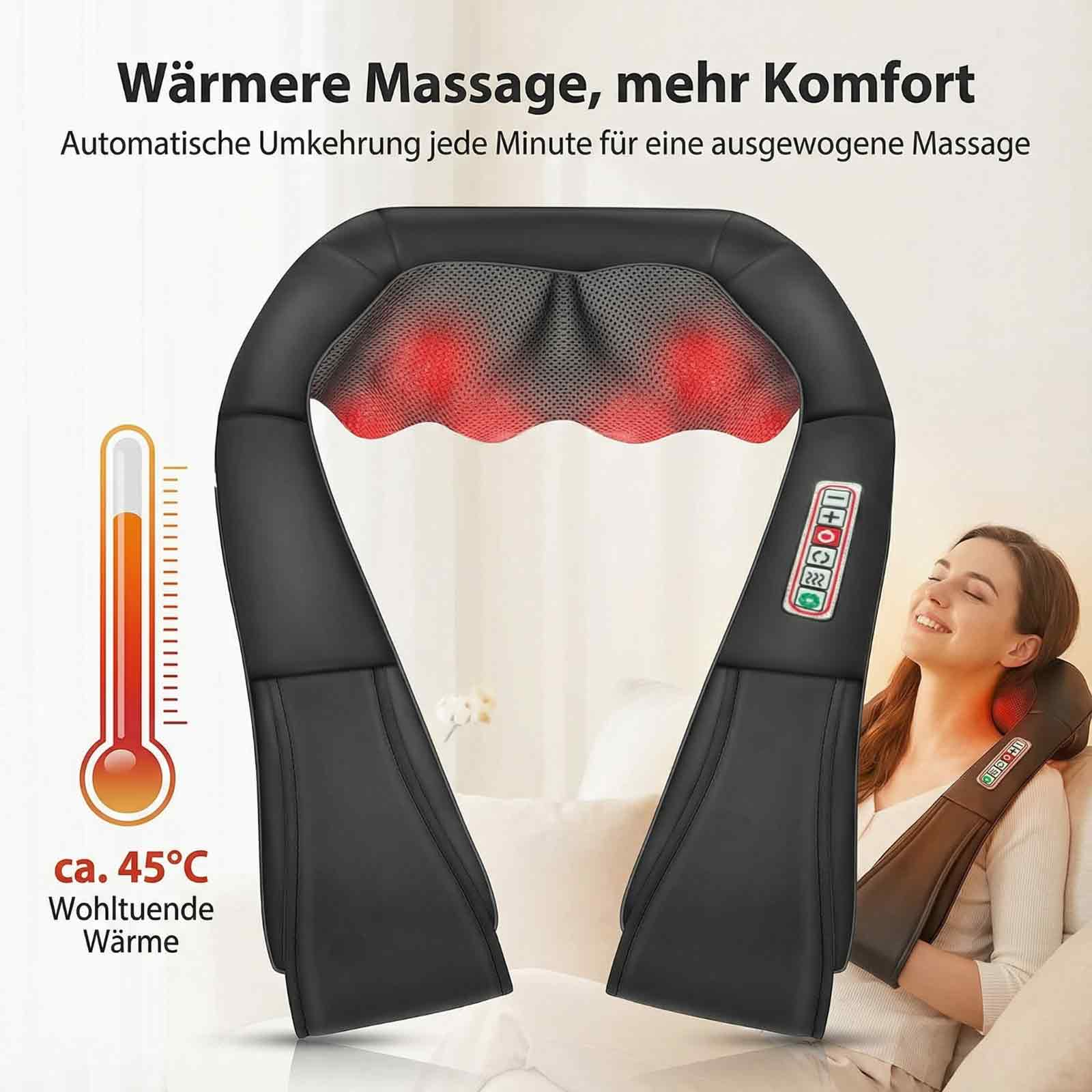 Eine Frau benutzt ein schwarzes Nackenmassagegerät. Es ist beheizt und hat rote Lichter. Ein Thermometer zeigt 45°C.