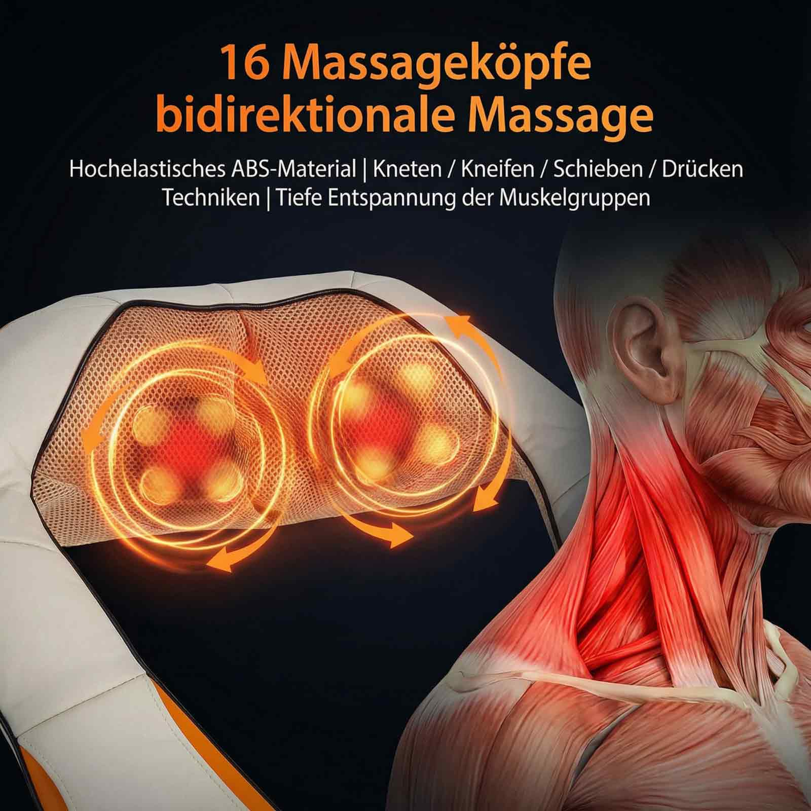 Das Bild zeigt ein Nackenmassagegerät mit Massageköpfen und eine detaillierte Abbildung der Nackenmuskulatur.
