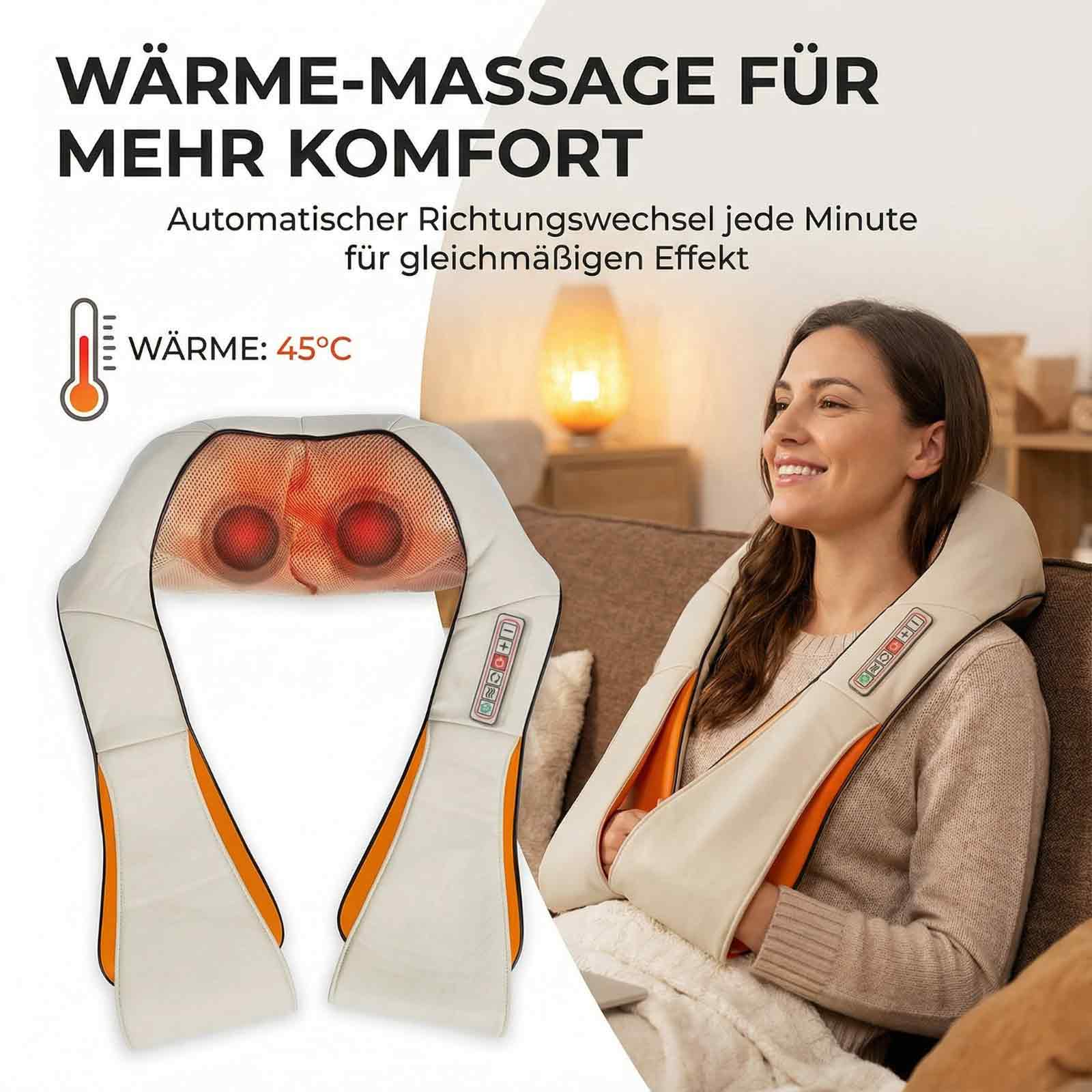 Eine Frau mit einem Nackenmassagegerät. Es hat orange und weiße Farben. Der Hintergrund hat eine Lampe und ein Sofa.