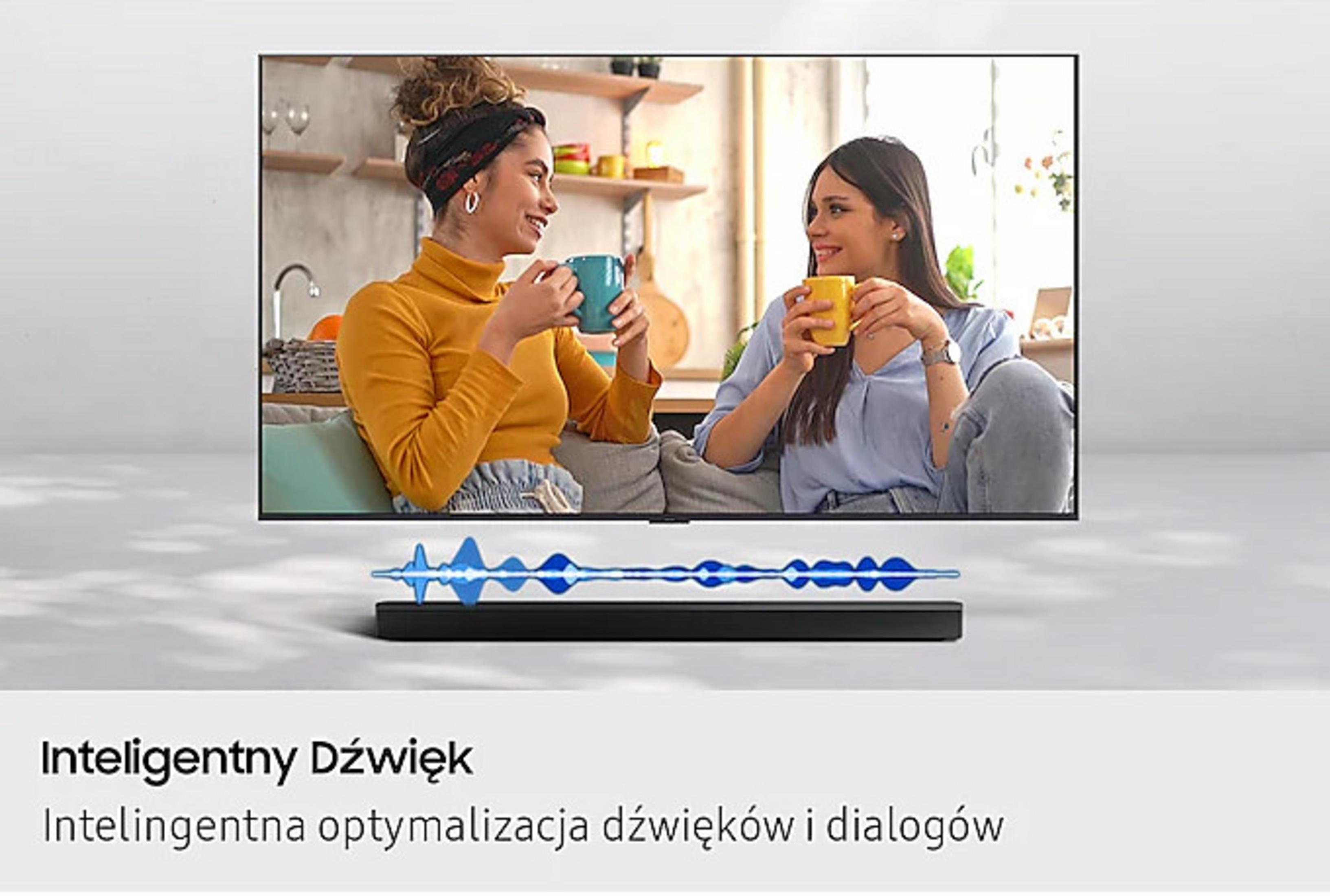 Deux femmes boivent dans des tasses, souriantes. Un écran de télévision les affiche. Un graphique d'ondes sonores est en dessous.