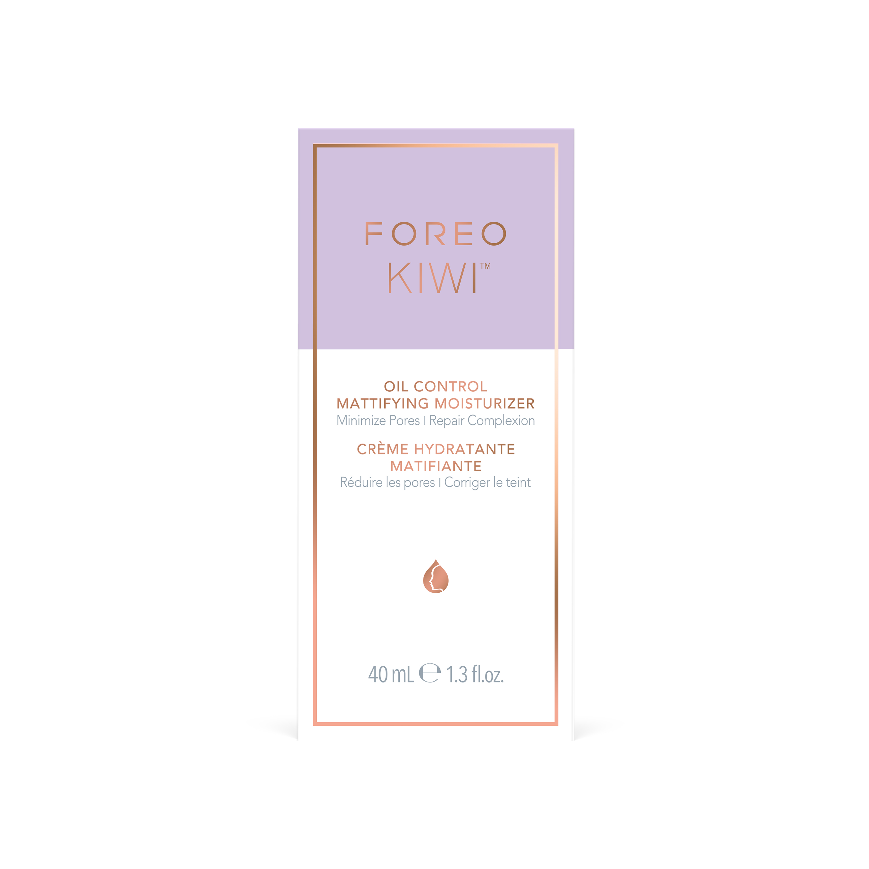FOREO KIWI matlaştırıcı nemlendirici için bir ürün kutusu. Ürün detayları ve markası ile beyaz bir arka plana sahiptir.