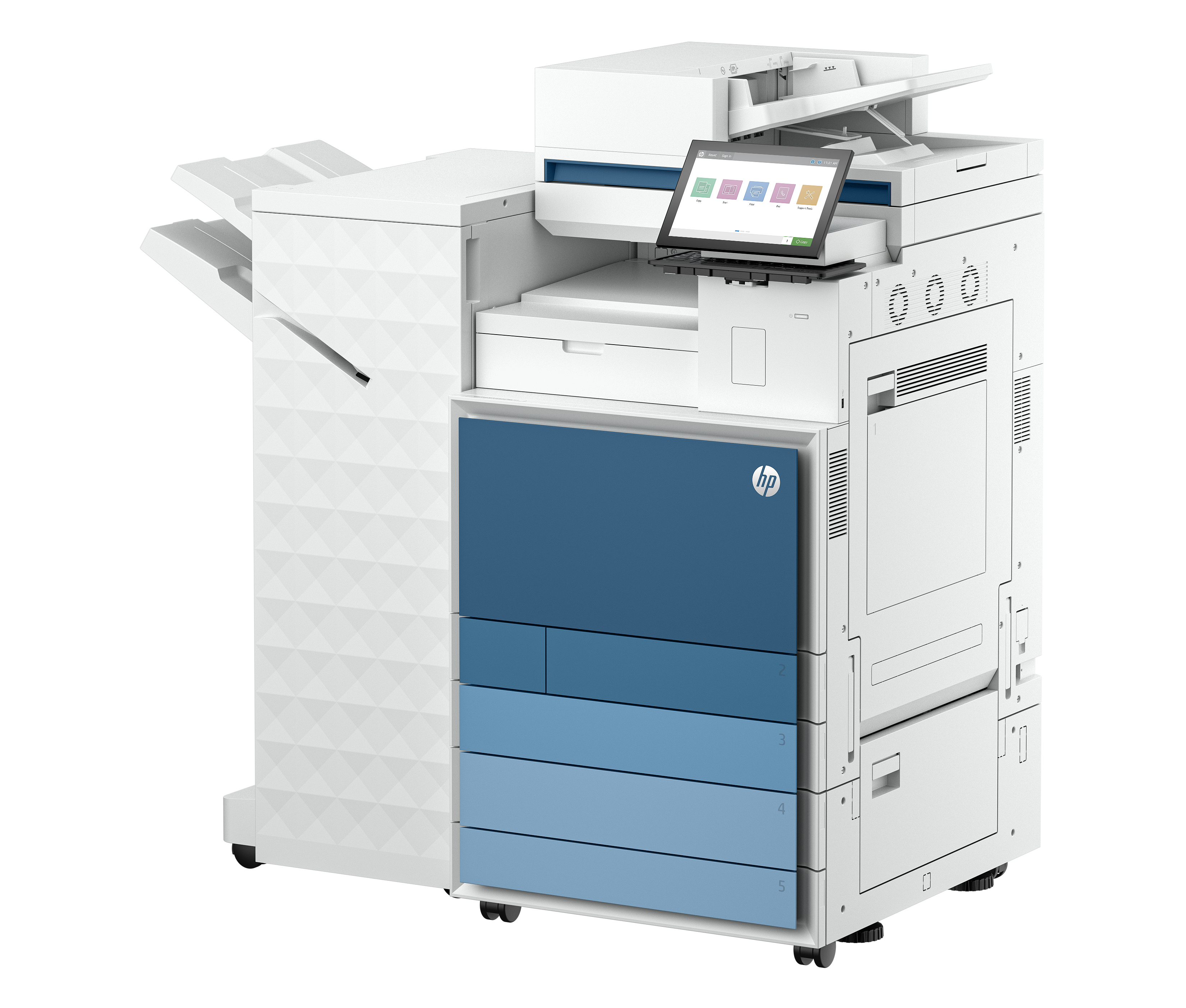 Una grande stampante multifunzione HP. È principalmente bianca, con dettagli blu e un'interfaccia touchscreen.
