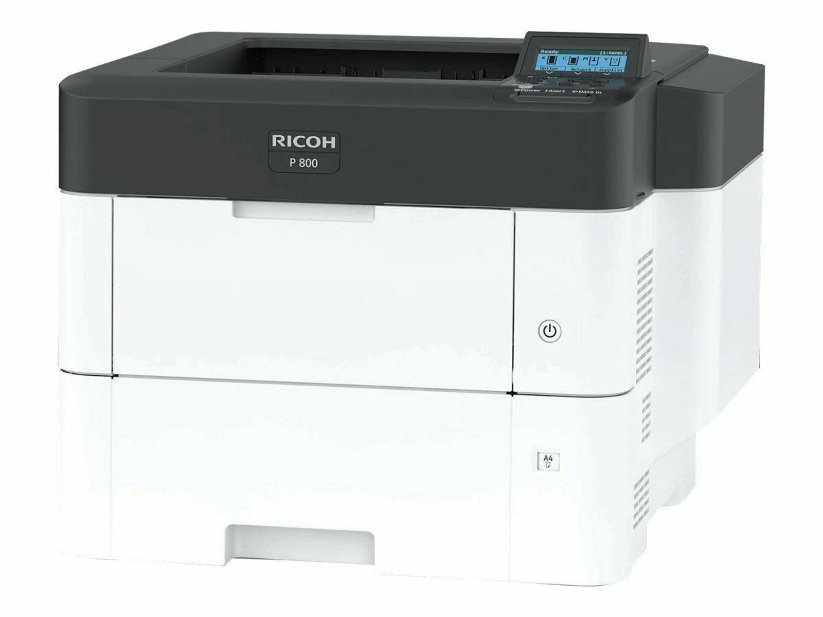 Drukarka Ricoh P 800. Jest biała z czarnym blatem. Z przodu znajduje się panel sterowania i przycisk zasilania.