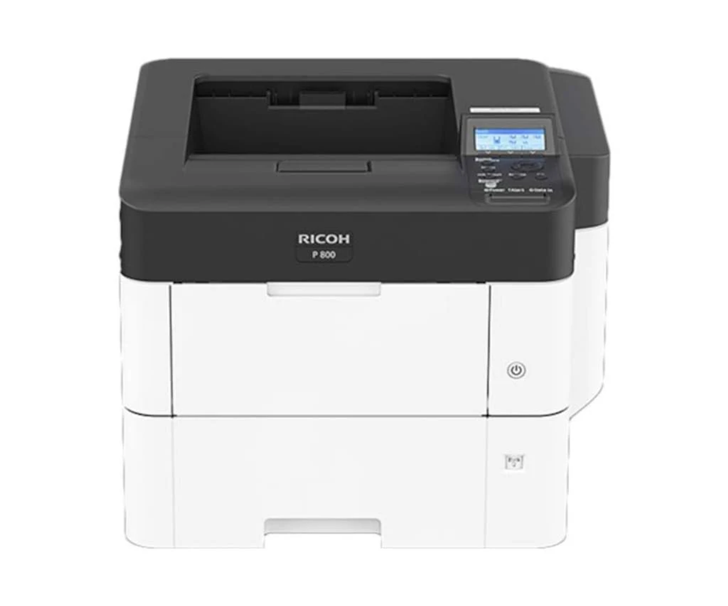 Drukarka Ricoh P 800. Ma czarną górę i biały korpus. Z boku znajduje się panel sterowania i przycisk zasilania.