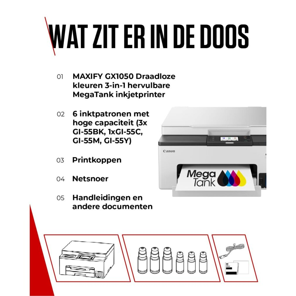 Obraz przedstawia drukarkę Canon MegaTank z wkładami atramentowymi, głowicami drukującymi, przewodem zasilającym i instrukcjami.