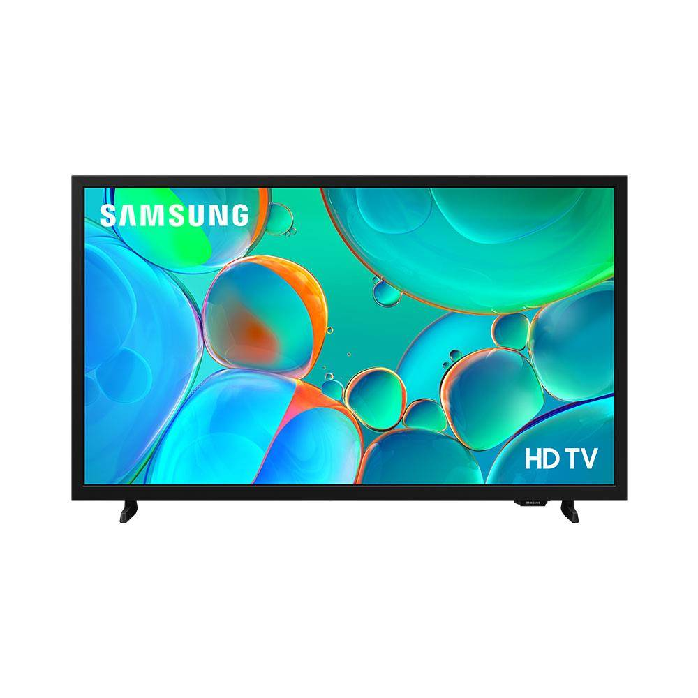 Bir Samsung HD TV, beyaz bir arka plan üzerinde mavi ve yeşil kürelerin renkli soyut bir desenini görüntüler.