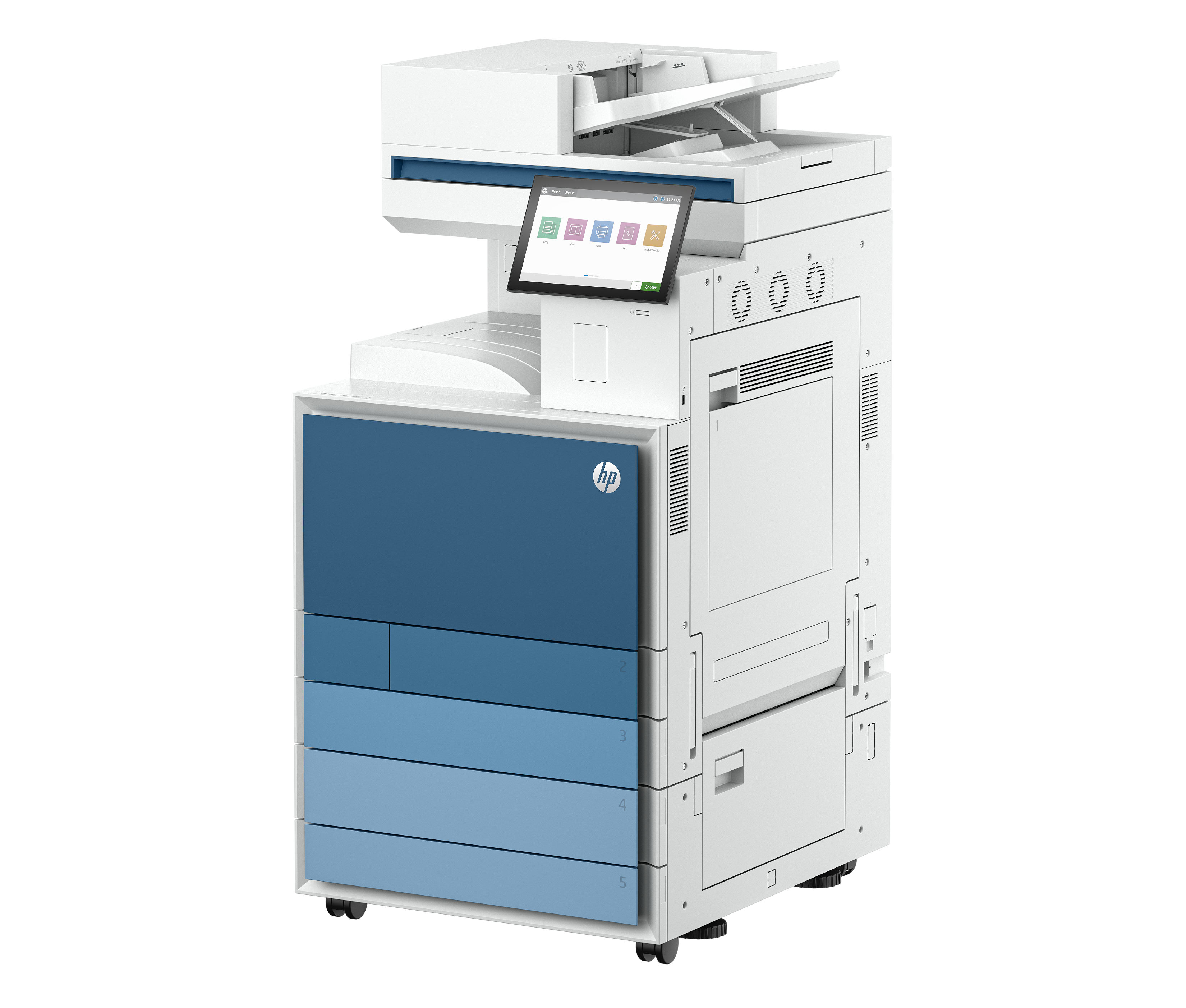 Una impresora de oficina HP. Es blanca y azul. Tiene pantalla táctil.
