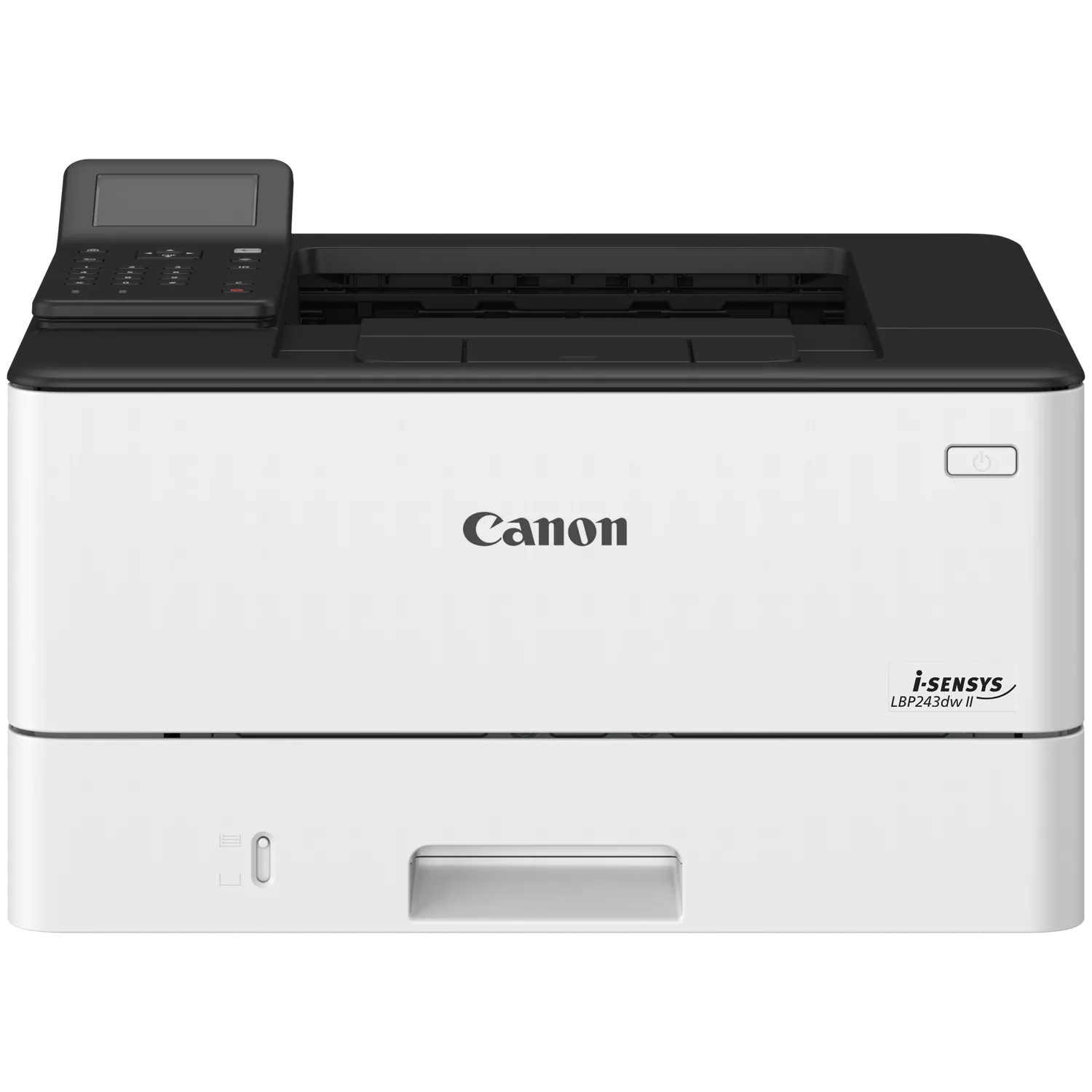 Biało-czarna drukarka Canon i-SENSYS LBP243dw II. Ma panel sterowania po lewej stronie i podajnik papieru na dole.
