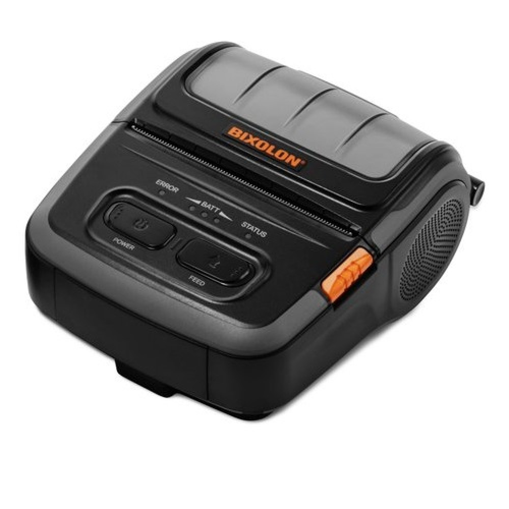 Una stampante portatile Bixolon, nera e grigia, con dettagli arancioni. Ha pulsanti 'Power' e 'Feed' e un altoparlante.