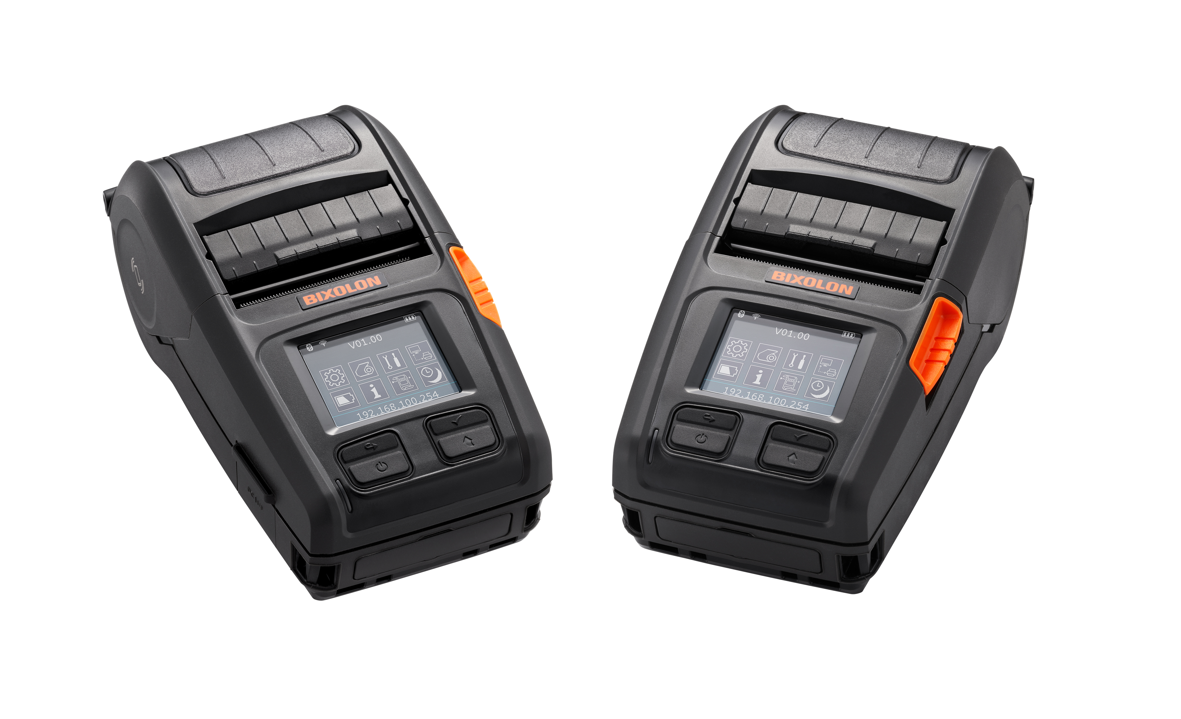 Pokazano dwie czarno-pomarańczowe drukarki BIXOLON. Każda ma ekran wyświetlający ikony. Oba są na białym tle.