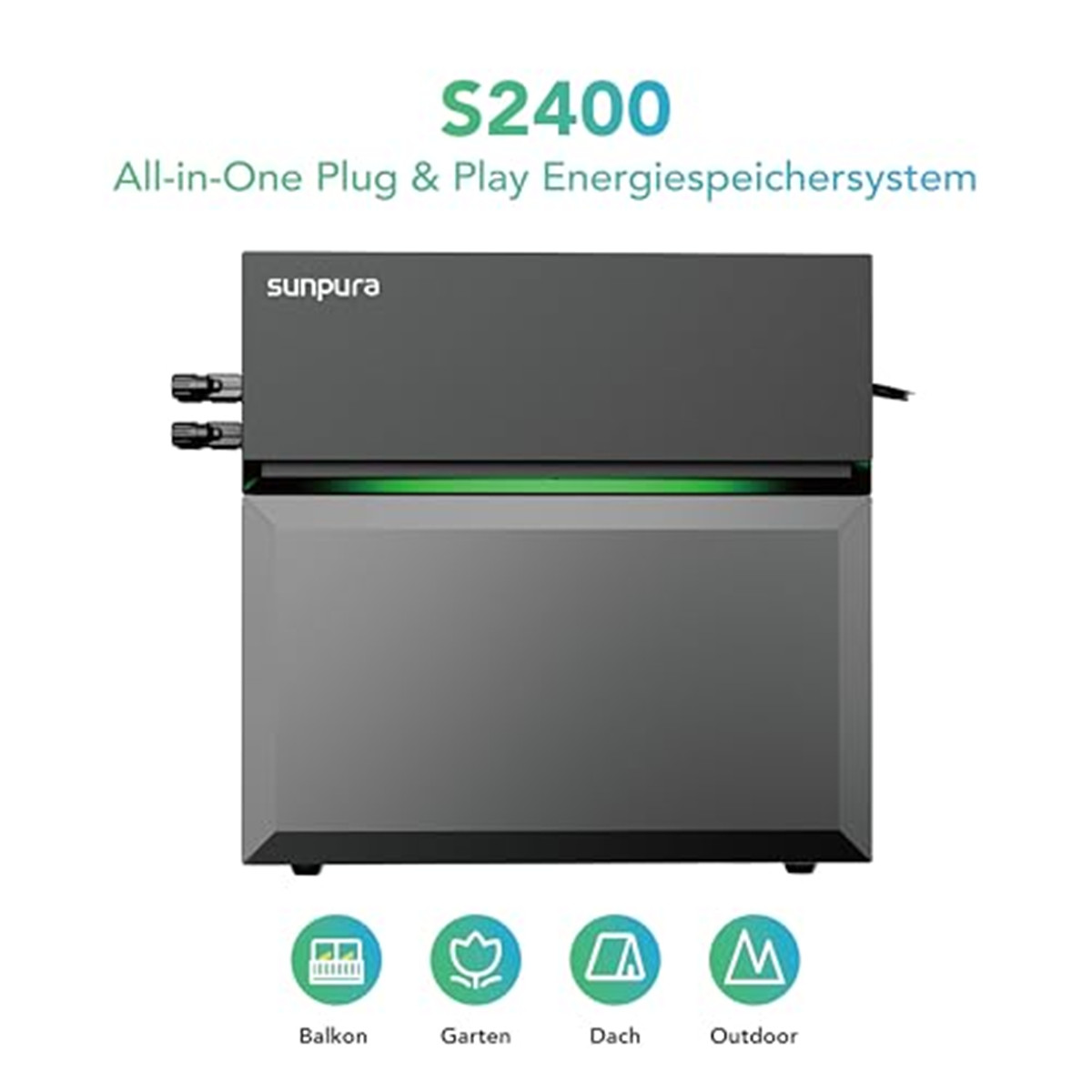 Graues Energiespeichersystem mit dem Text S2400 und All-in-One Plug & Play Energiespeichersystem. Symbole für Balkon, Garten, Dach und Outdoor.