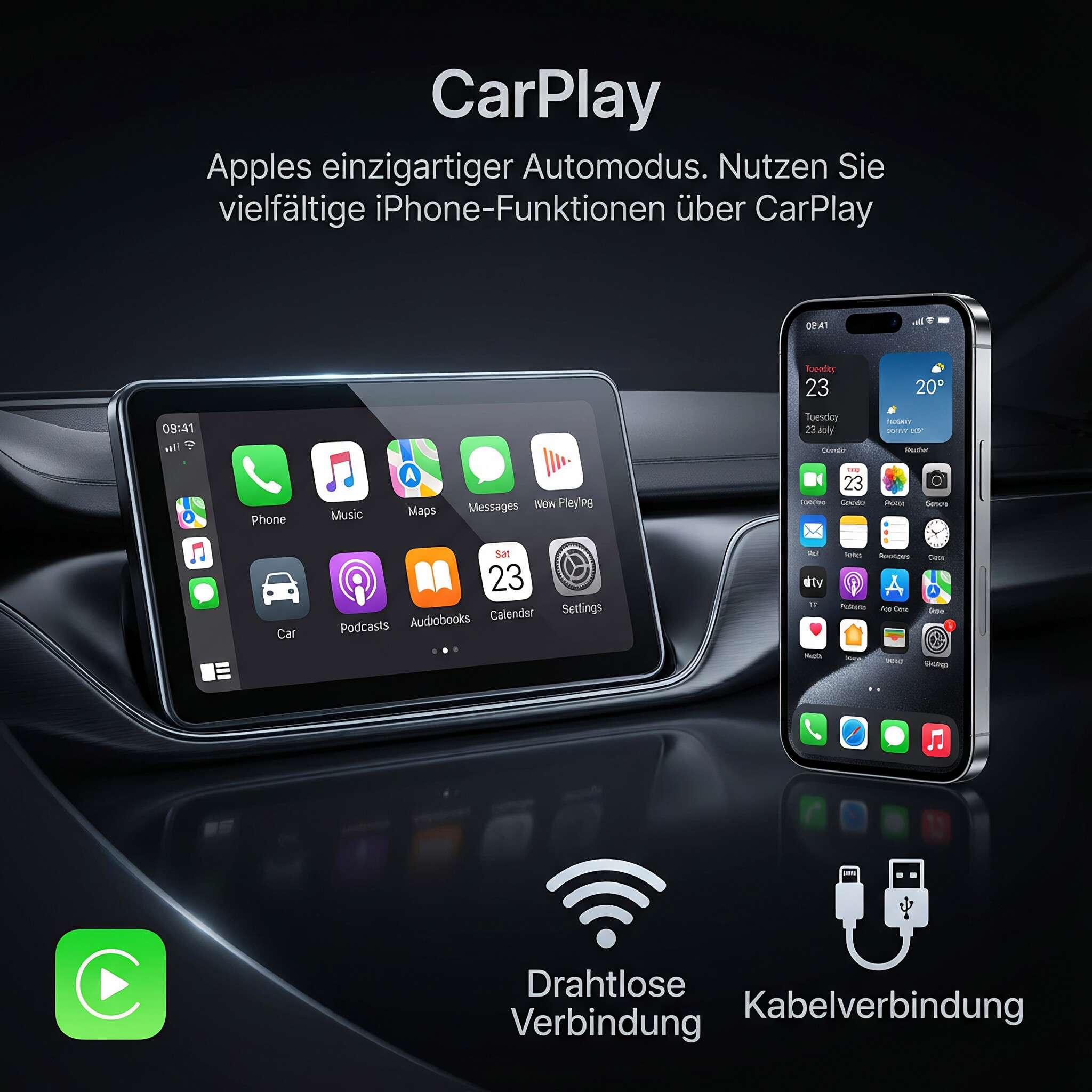 CarPlay-Oberfläche mit Telefon- und Autoanzeige. Zu den Funktionen gehören Telefon, Musik, Karten und Einstellungen. Außerdem drahtlose und Kabeloptionen.