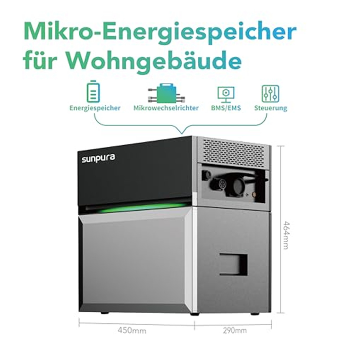 Ein Energiespeicher für Wohngebäude. Es ist eine grau-schwarze Box mit Abmessungen und beschrifteten Teilen. Text auf Deutsch.