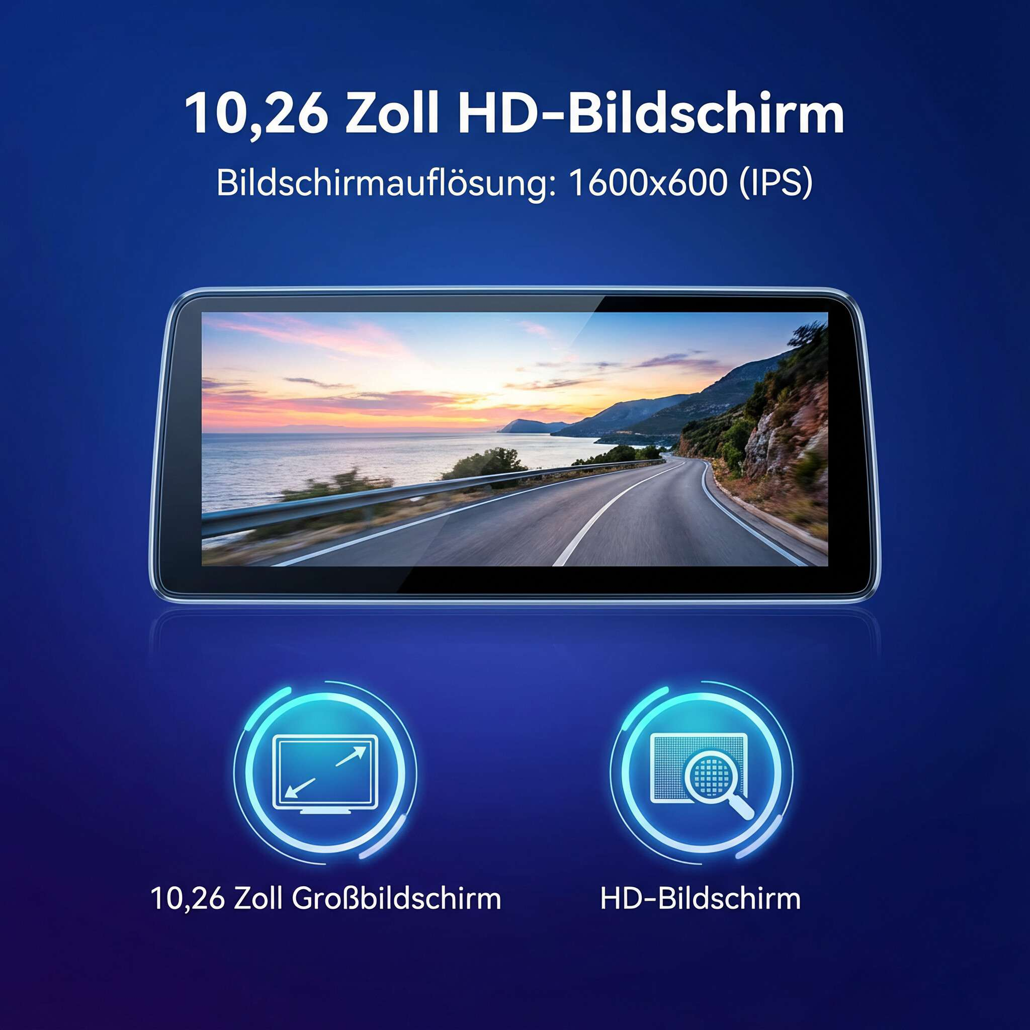 Bildschirm mit Küstenstraße, Text mit Bildschirmgröße und Auflösung.