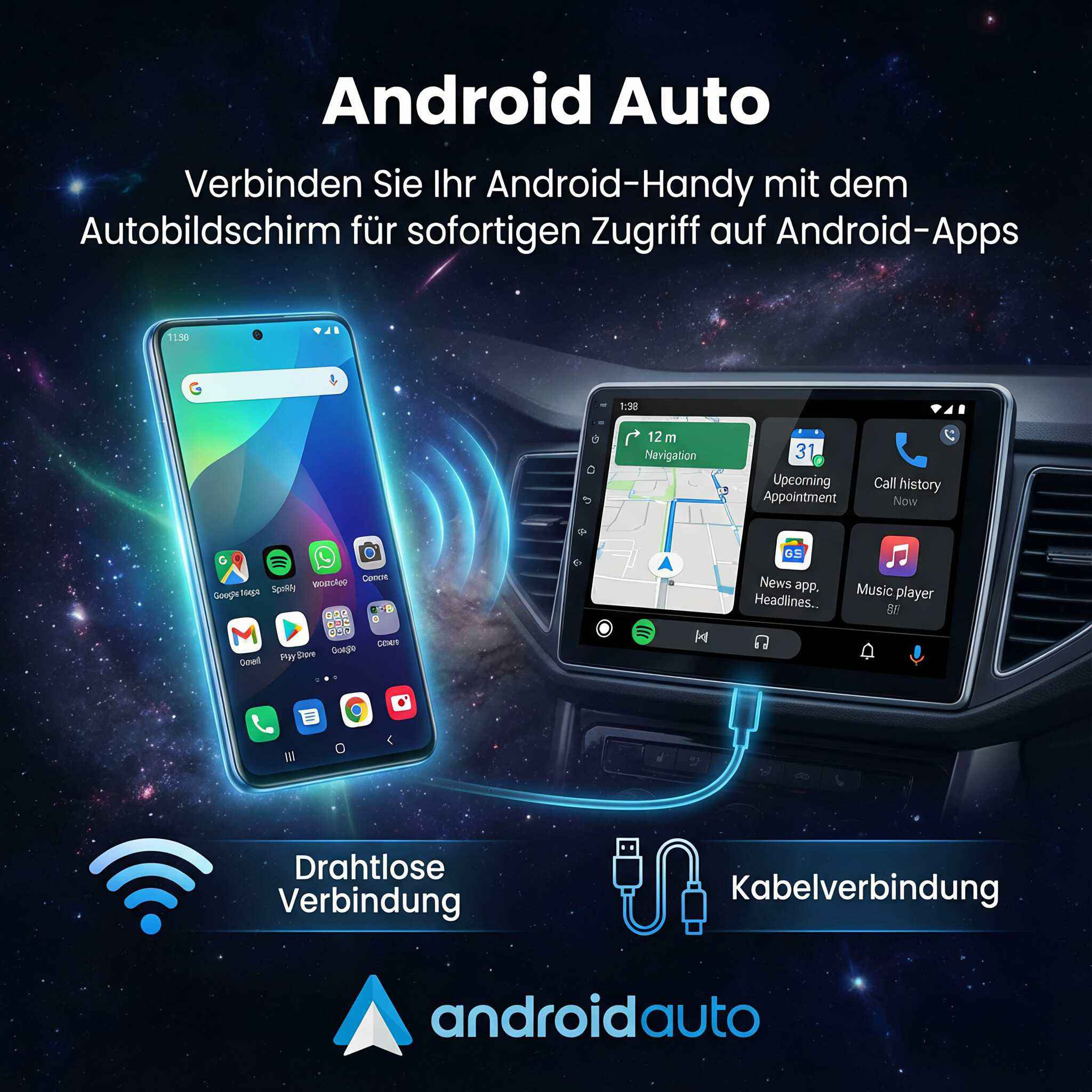 Bild zeigt Android Auto. Telefon und Bildschirm zeigen Apps. Drahtlose und Kabelverbindungsoptionen werden angezeigt.