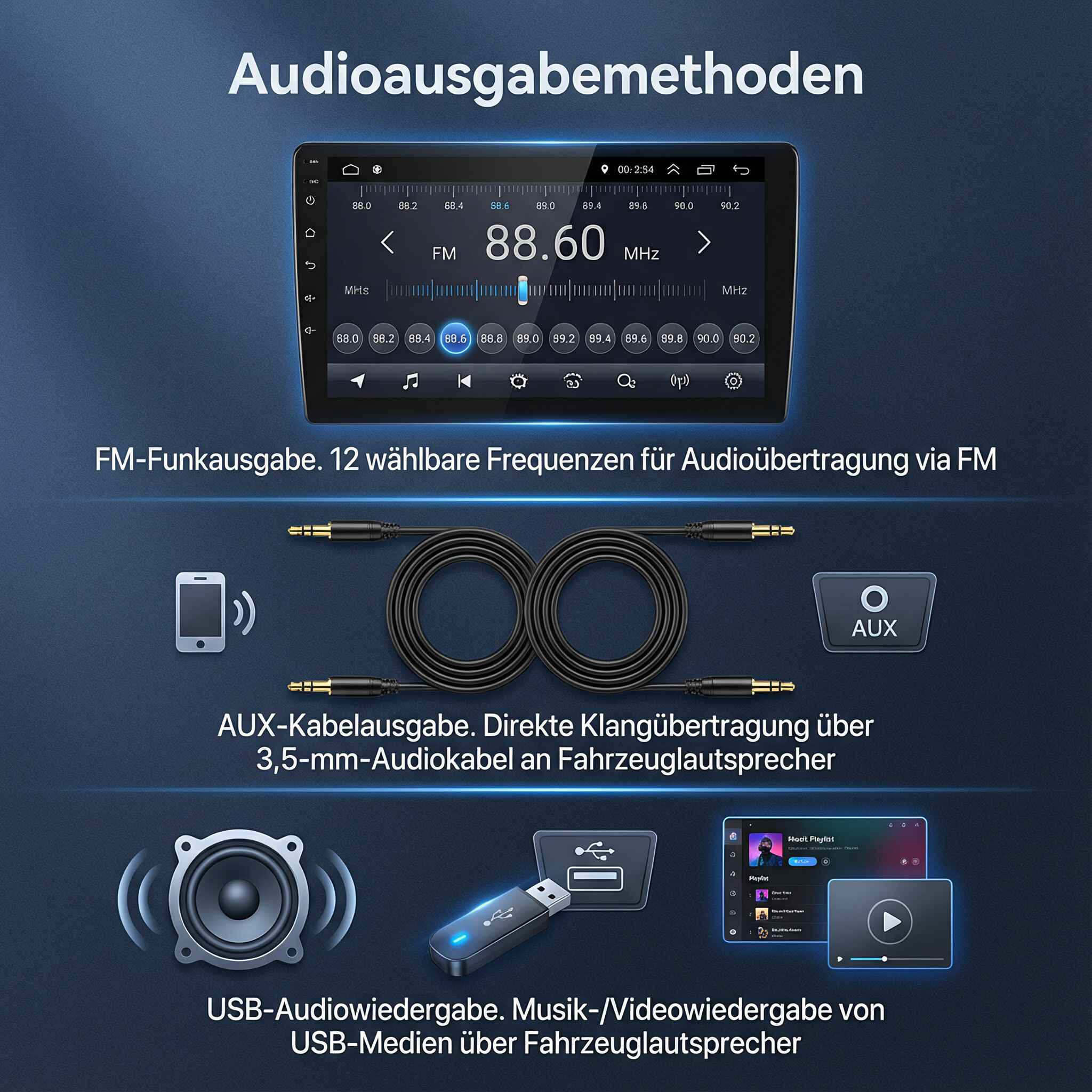 Das Bild zeigt Audioausgabemethoden, einschließlich FM, AUX-Kabel und USB-Wiedergabe. Es enthält ein Autoradio-Display und Symbole.