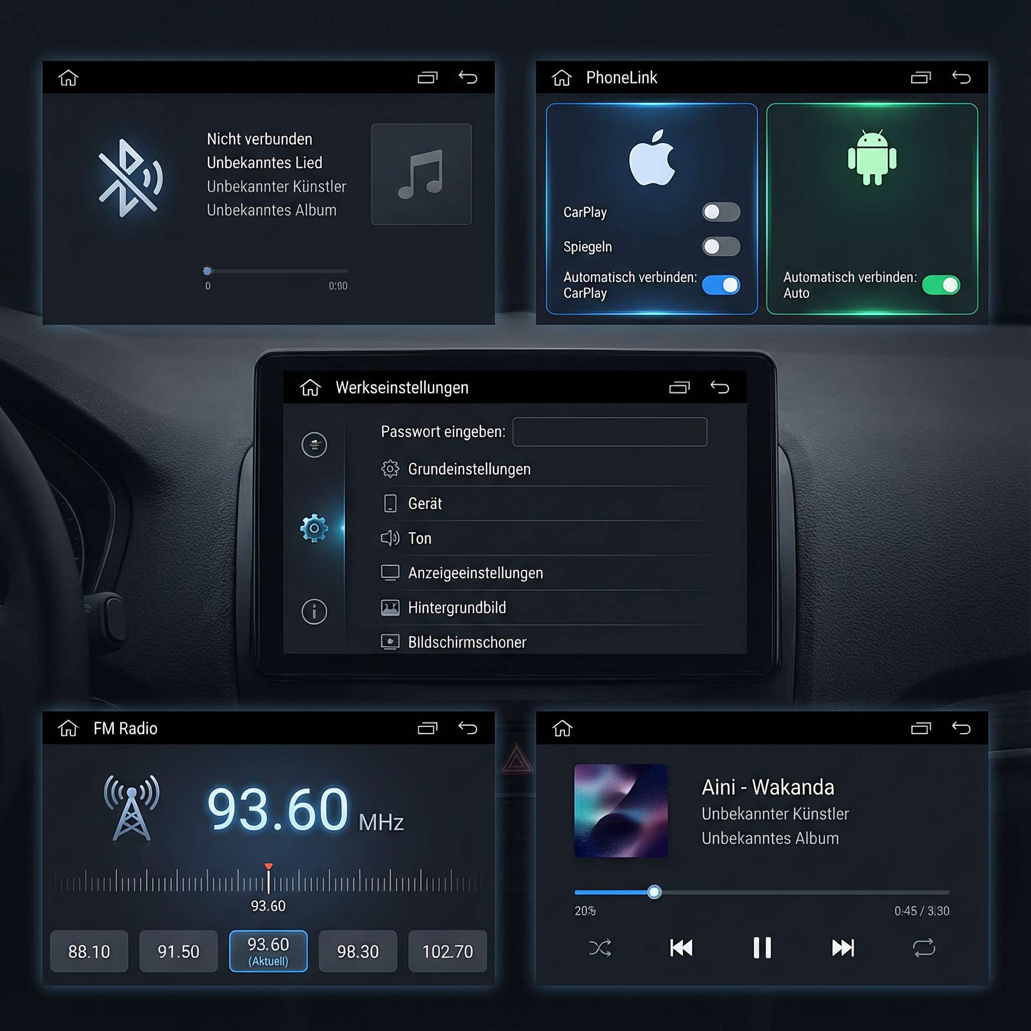 Auto-Dashboard zeigt Radio, Telefonverbindungsoptionen und Einstellungen. Musikinfo zeigt Künstler und Lied.