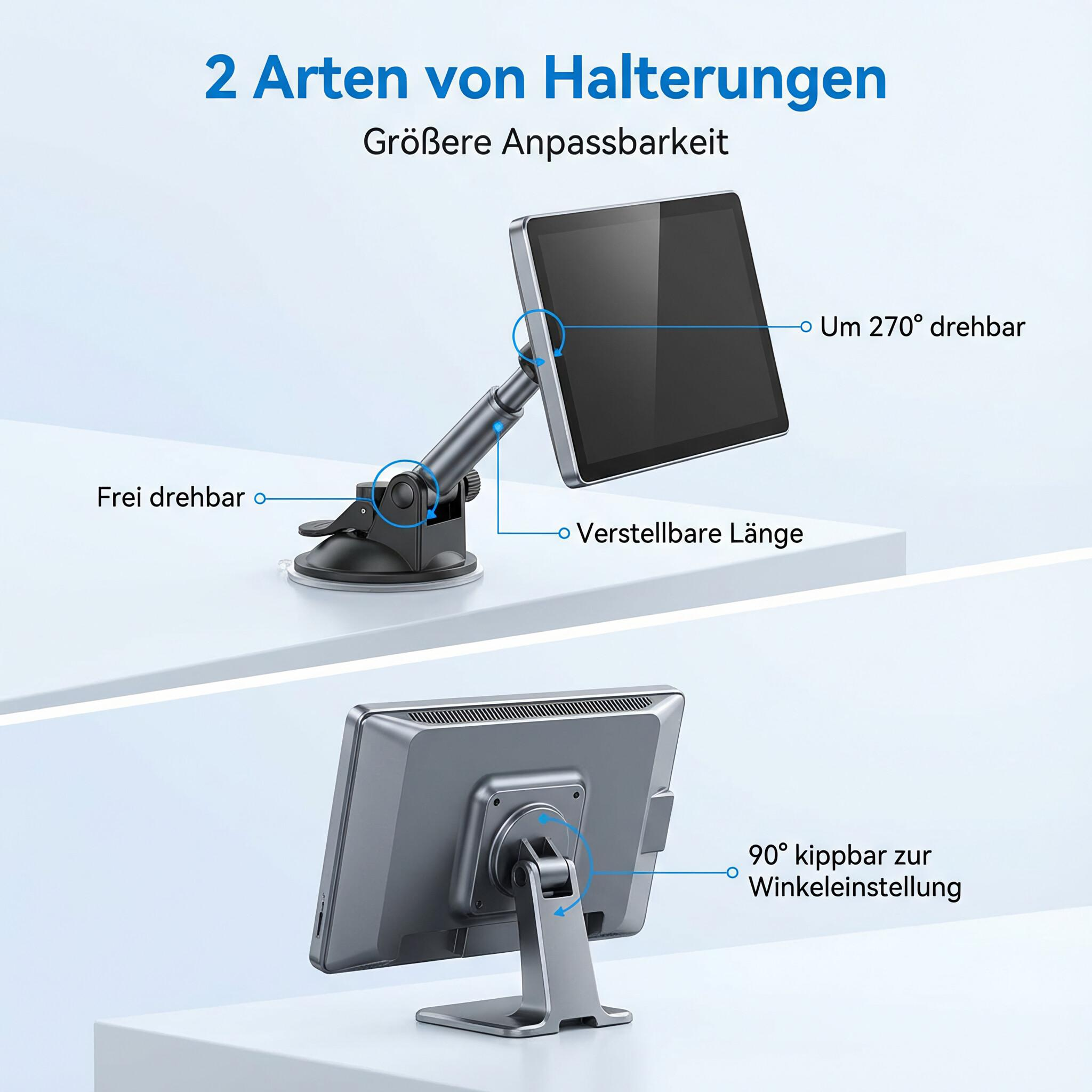 Zwei Monitorständer, einer mit Saugnapf, der andere mit Fuß, beide in Winkel und Länge verstellbar.