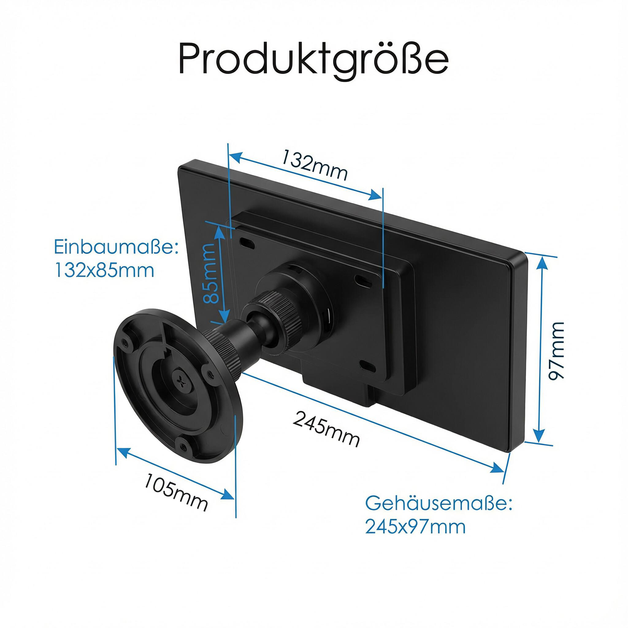 Diagramm mit Abmessungen eines schwarzen Geräts mit kreisförmiger Basis, einschließlich Maße in Millimetern.