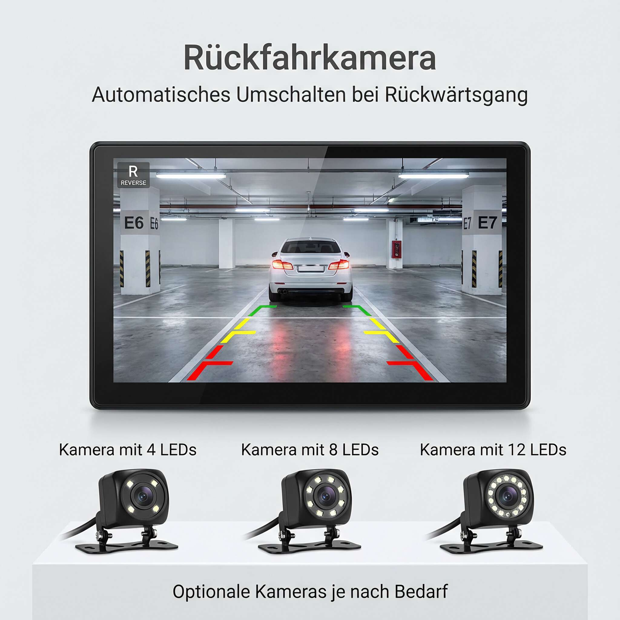 Rückfahrkamera-Ansicht eines Autos in einer Parkgarage. Das Display zeigt Richtlinien und ein Auto. Drei Kameraoptionen werden gezeigt.