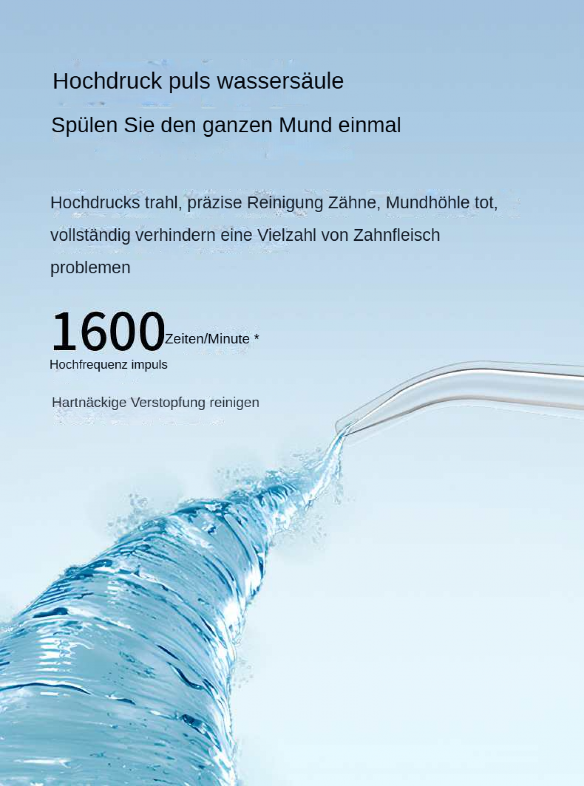 Das Bild zeigt Text über die Zahnreinigung mit einem Wasserstrahl aus einem Gerät. Text sagt '1600 Mal/Minute'.