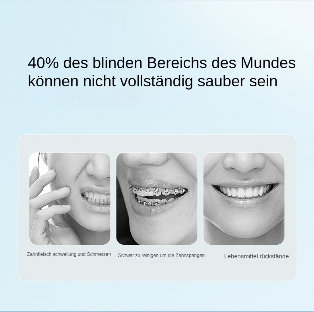 Das Bild zeigt Zähne mit Text über Mundhygiene. Drei Bilder zeigen Zahnfleischschwellung, Zahnspangen und Nahrungsreste.