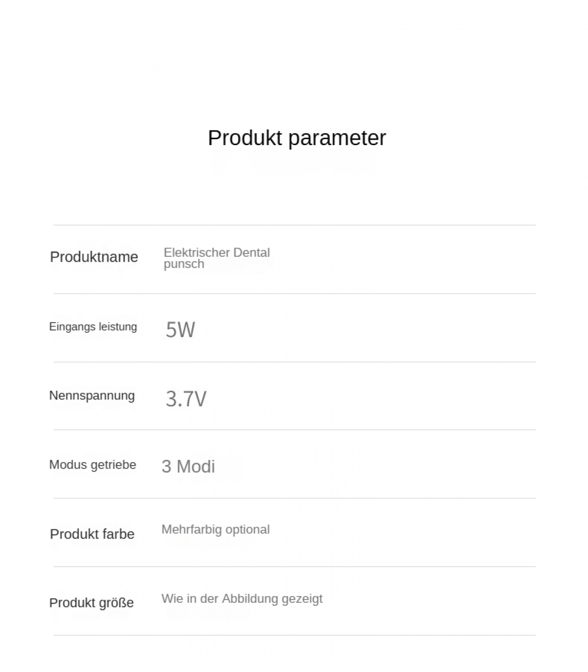 Weißer Hintergrund mit Text. Listet Produktparameter auf: Produktname, Eingangsleistung, Spannung, Modi, Farbe und Größe.