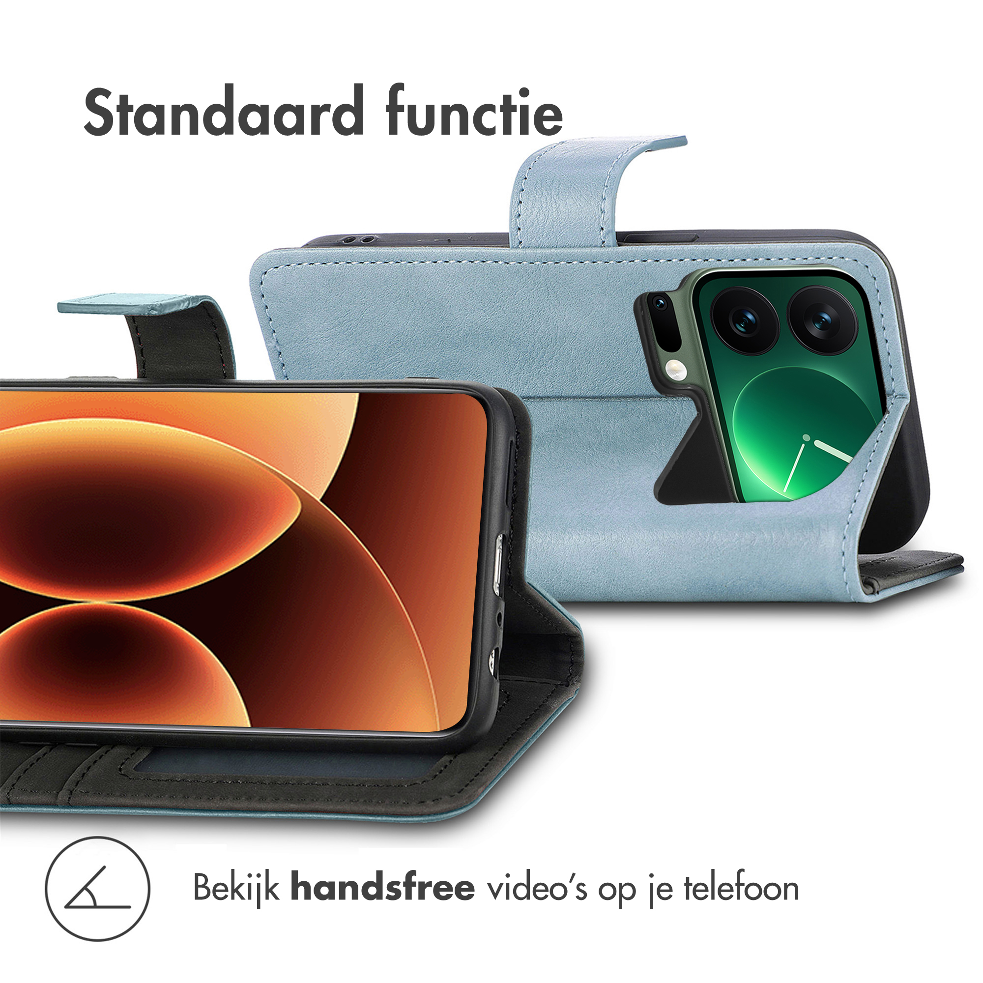 Een telefoon in een blauwe hoes toont een oranje-bruine afbeelding. Tekst zegt 'Standaard functie' en 'Bekijk handsfree video's op je telefoon'.