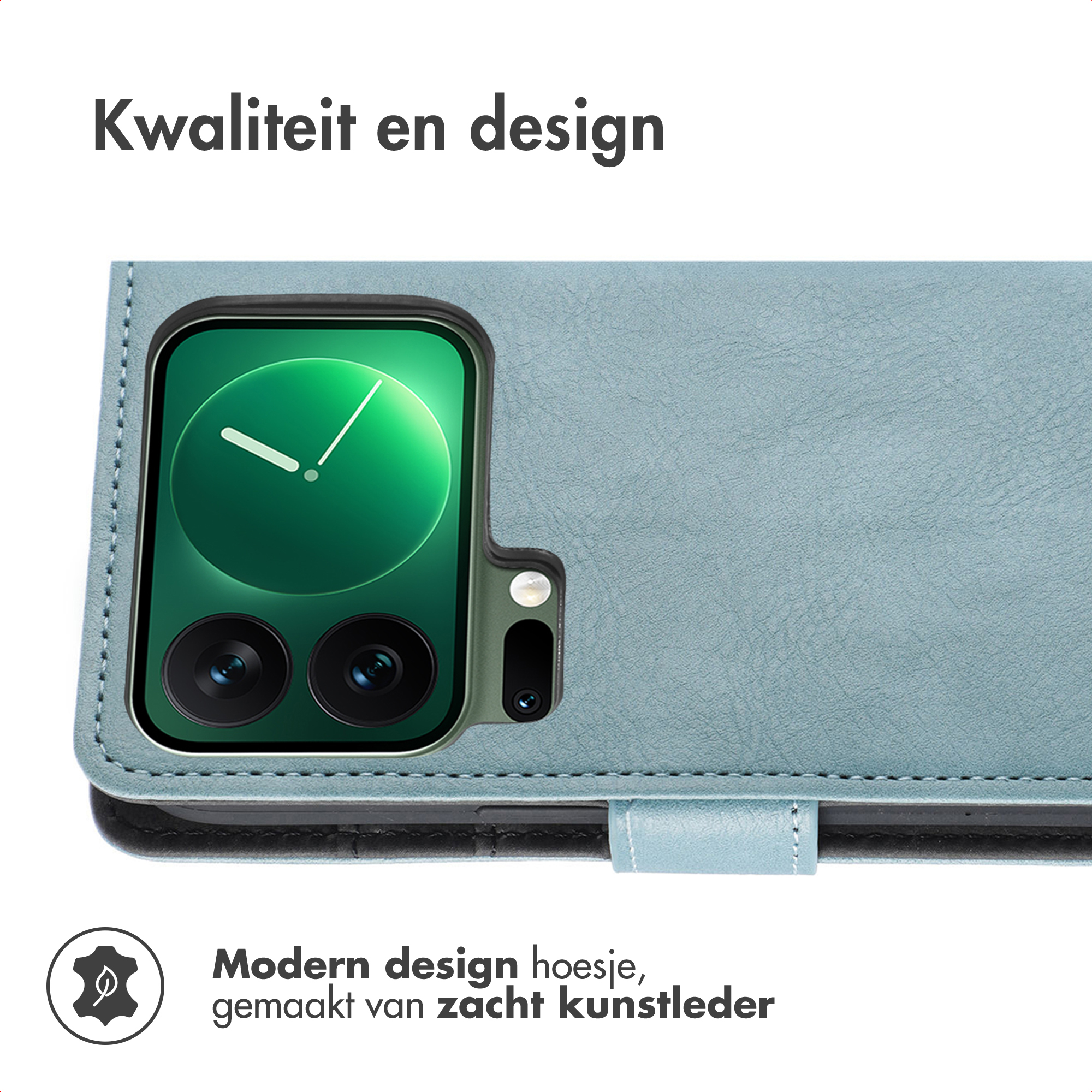 Blauwe telefoonhoes met telefoon. Tekst: Kvaliteit en design. Modern design van zacht kunstleer.