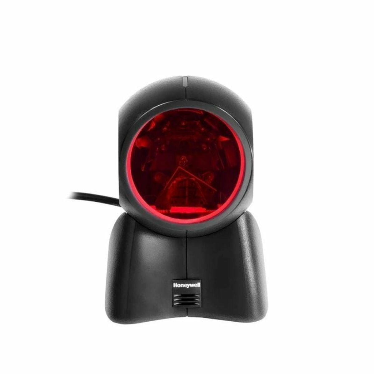 Ein schwarzer Honeywell-Barcode-Scanner. Er hat ein rotes Licht und befindet sich auf weißem Hintergrund.