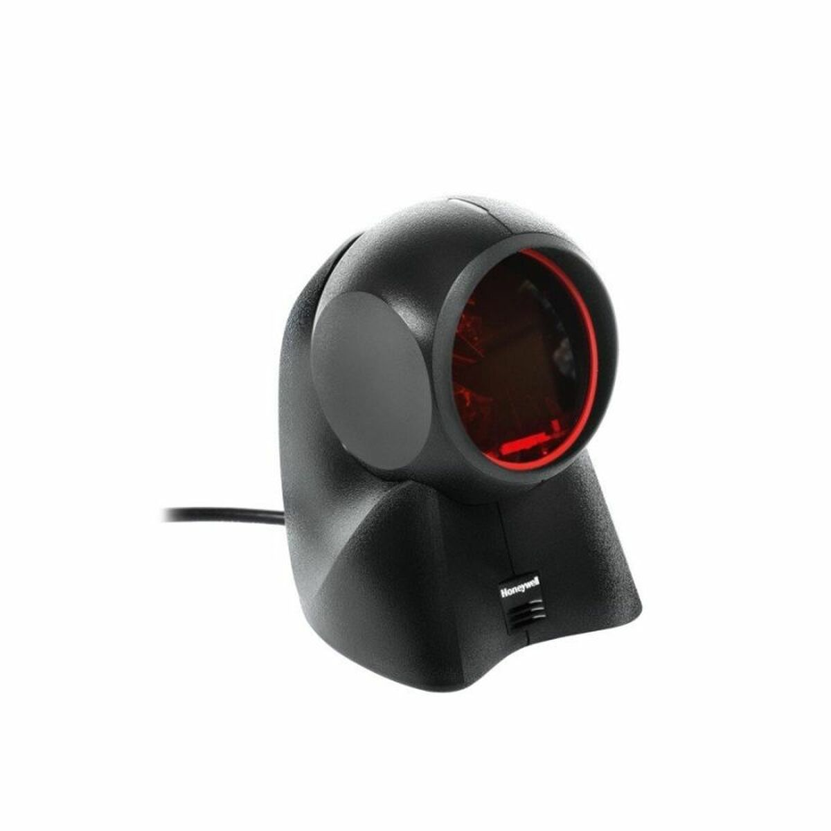 Ein schwarzer Honeywell-Barcodescanner. Er hat ein rotes Licht und einen kleinen Knopf an der Basis. Ein schwarzes Kabel erstreckt sich von hinten.