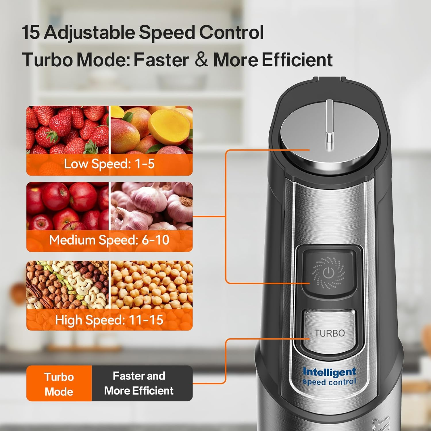Ein elektrischer Mixer mit 15 einstellbaren Geschwindigkeiten, mit Illustrationen von Früchten und Nüssen. Er zeigt auch einen Turbomodus.