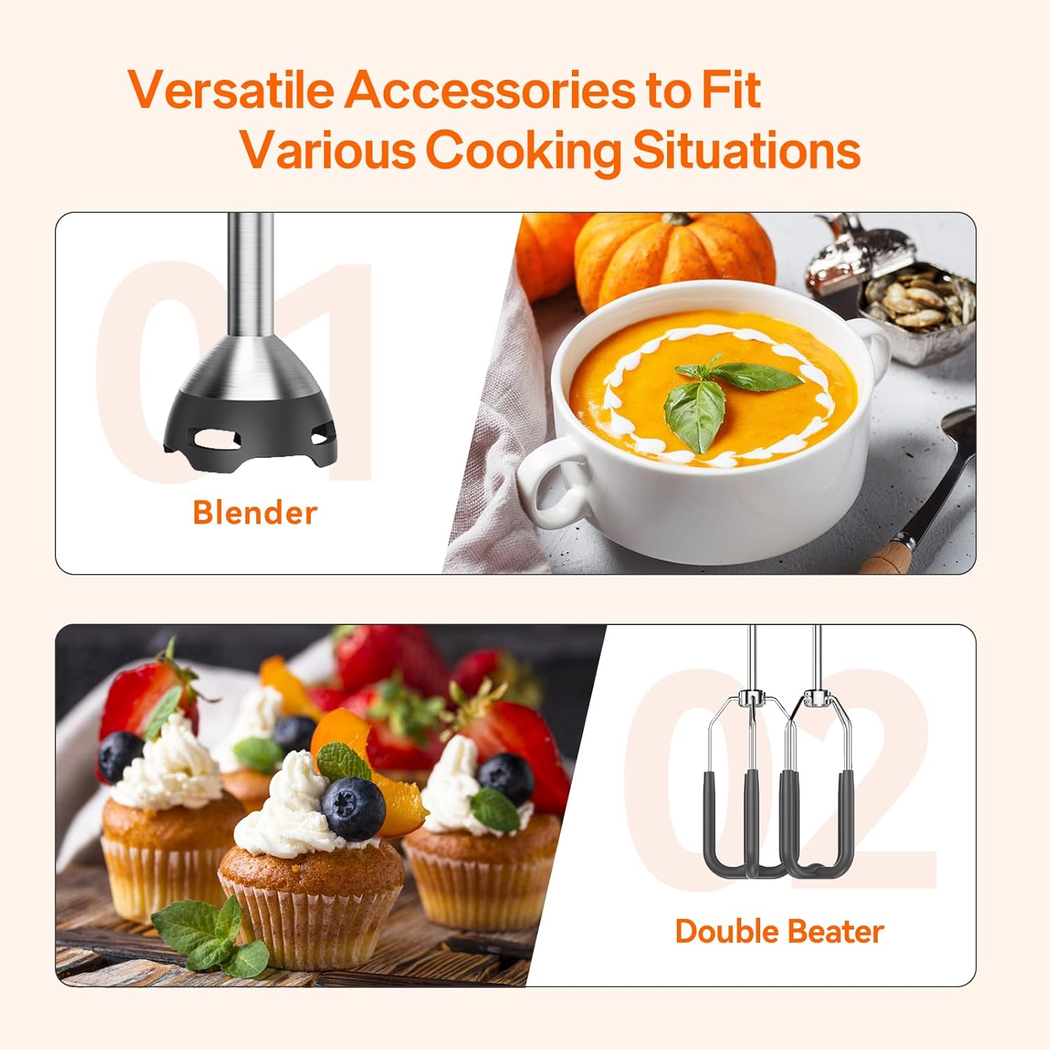 Das Bild zeigt einen Mixer, Kürbissuppe und Cupcakes mit Toppings. Der Text lautet: vielseitiges Zubehör für verschiedene Kochsituationen.