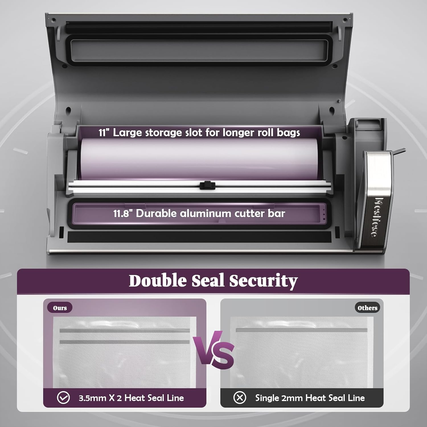 Ein Lebensmittelsiegel mit Etiketten, die 'Double Seal Security' zeigen. Es hat einen Aufbewahrungsschlitz, eine Schneidstange und vergleicht Siegelnähte.