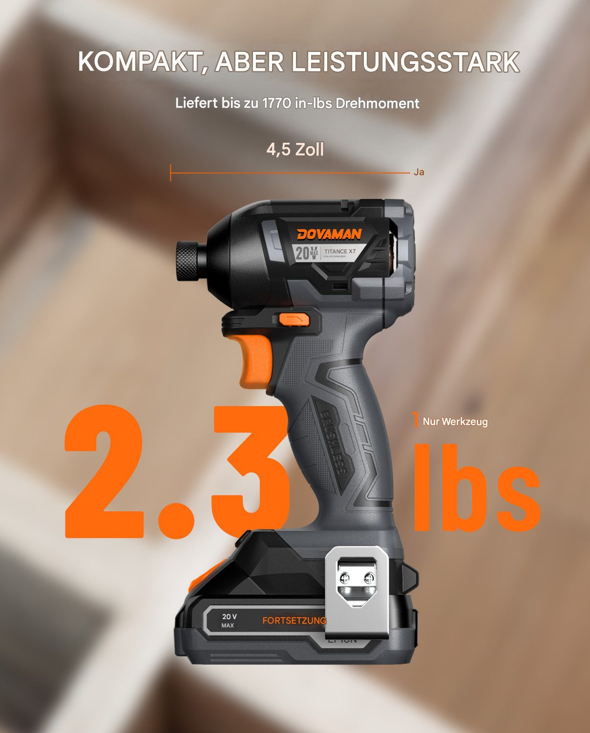 Ein schwarz-graues Elektrowerkzeug mit orangefarbenen Akzenten. Es trägt den Markennamen DOVAMAN und wiegt 2,3 lbs. Text weist auf einen Schlagschrauber hin.