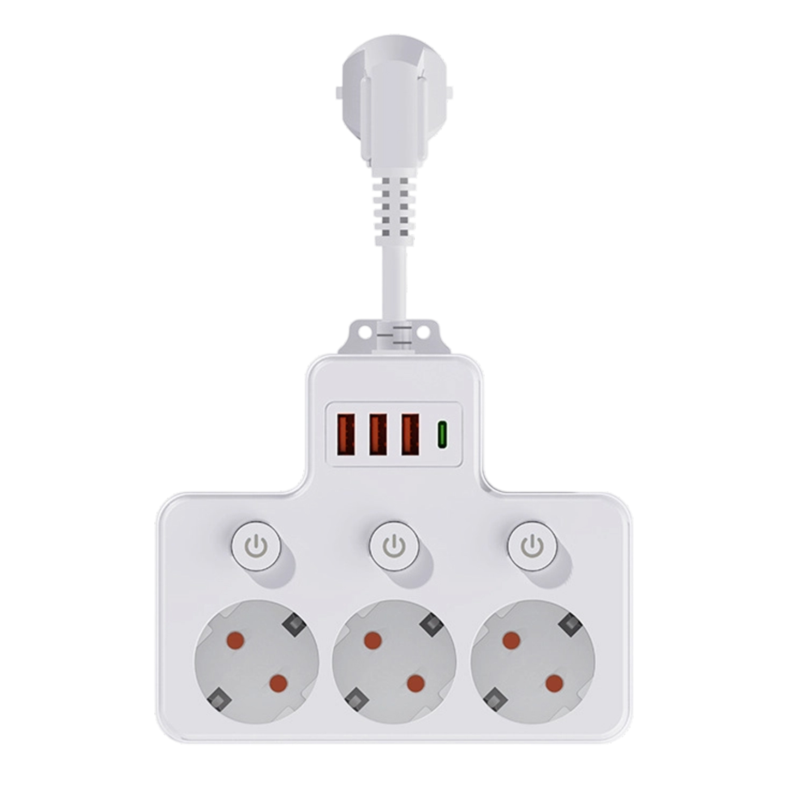 Weißer Stecker mit drei Steckdosen, Netzschaltern und USB-Anschlüssen. Es hat einen Stecker und eine Betriebsanzeige.