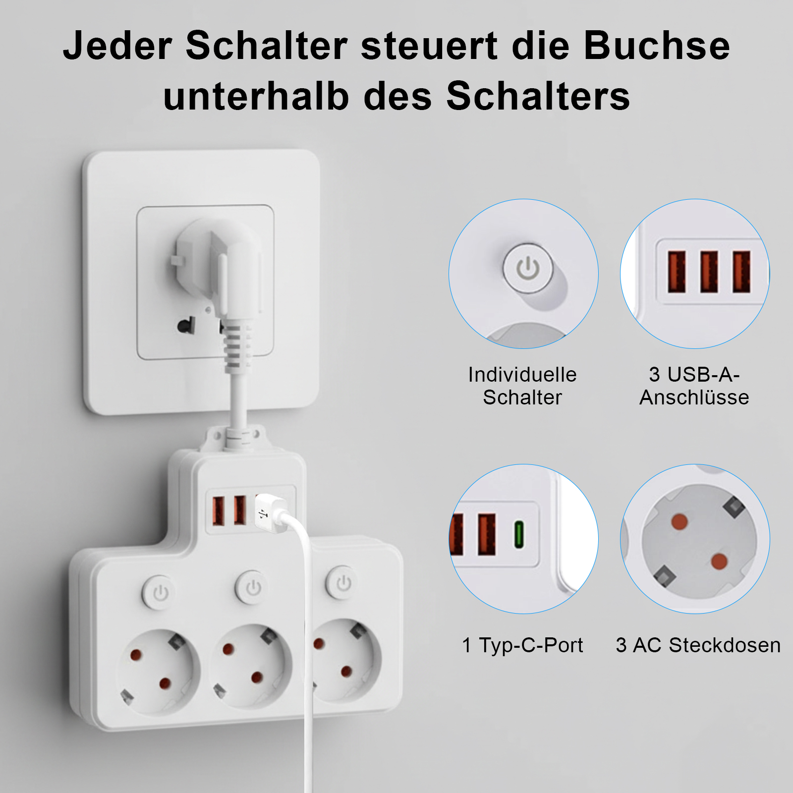 Weißes Verlängerungskabel mit USB-Anschlüssen und Steckdosen. In Steckdose gesteckt. Nahaufnahme der Funktionen.