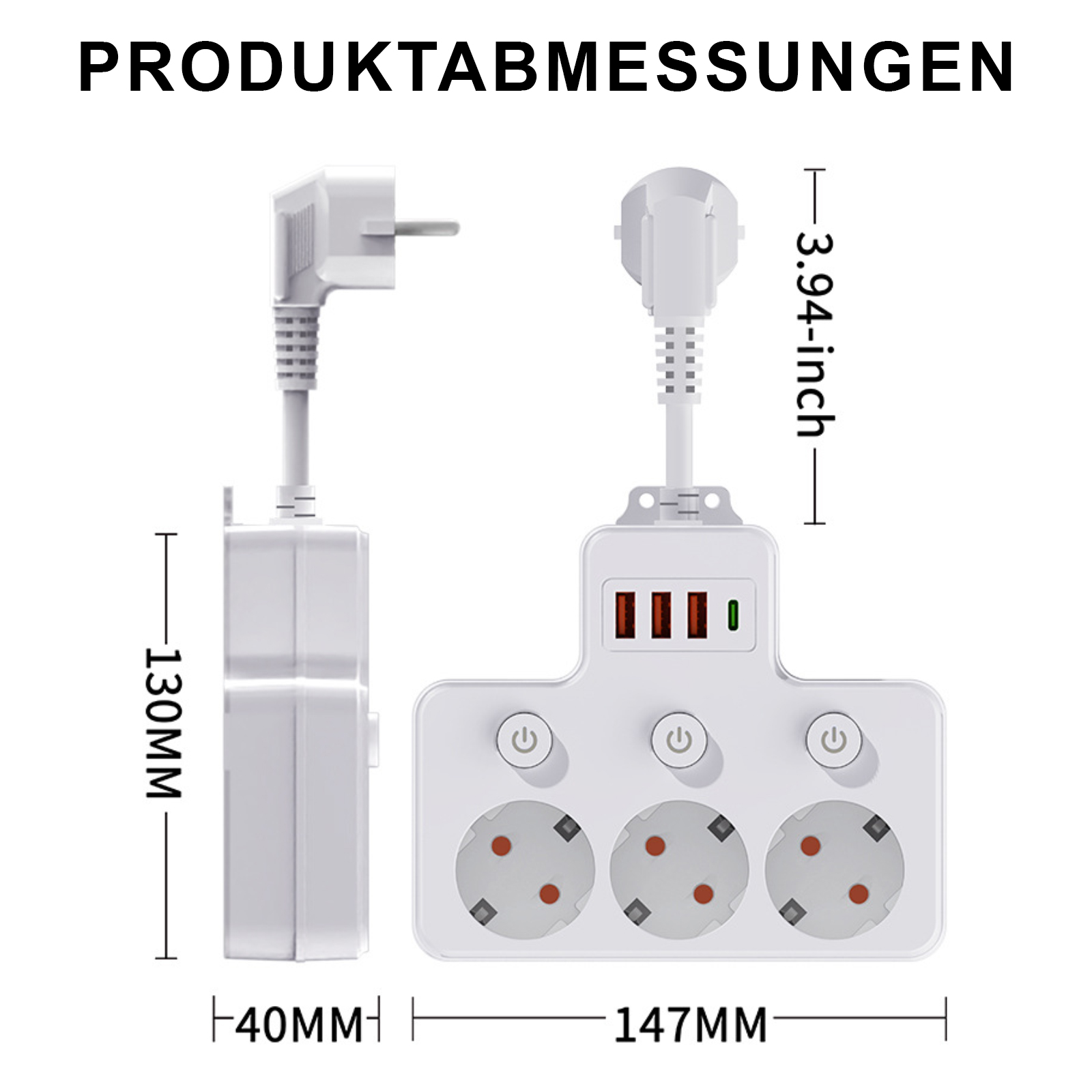 Weißer Steckerblock mit drei Steckdosen, USB-Anschlüssen und einer Steckdose. Abmessungen sind neben den Artikeln angezeigt.