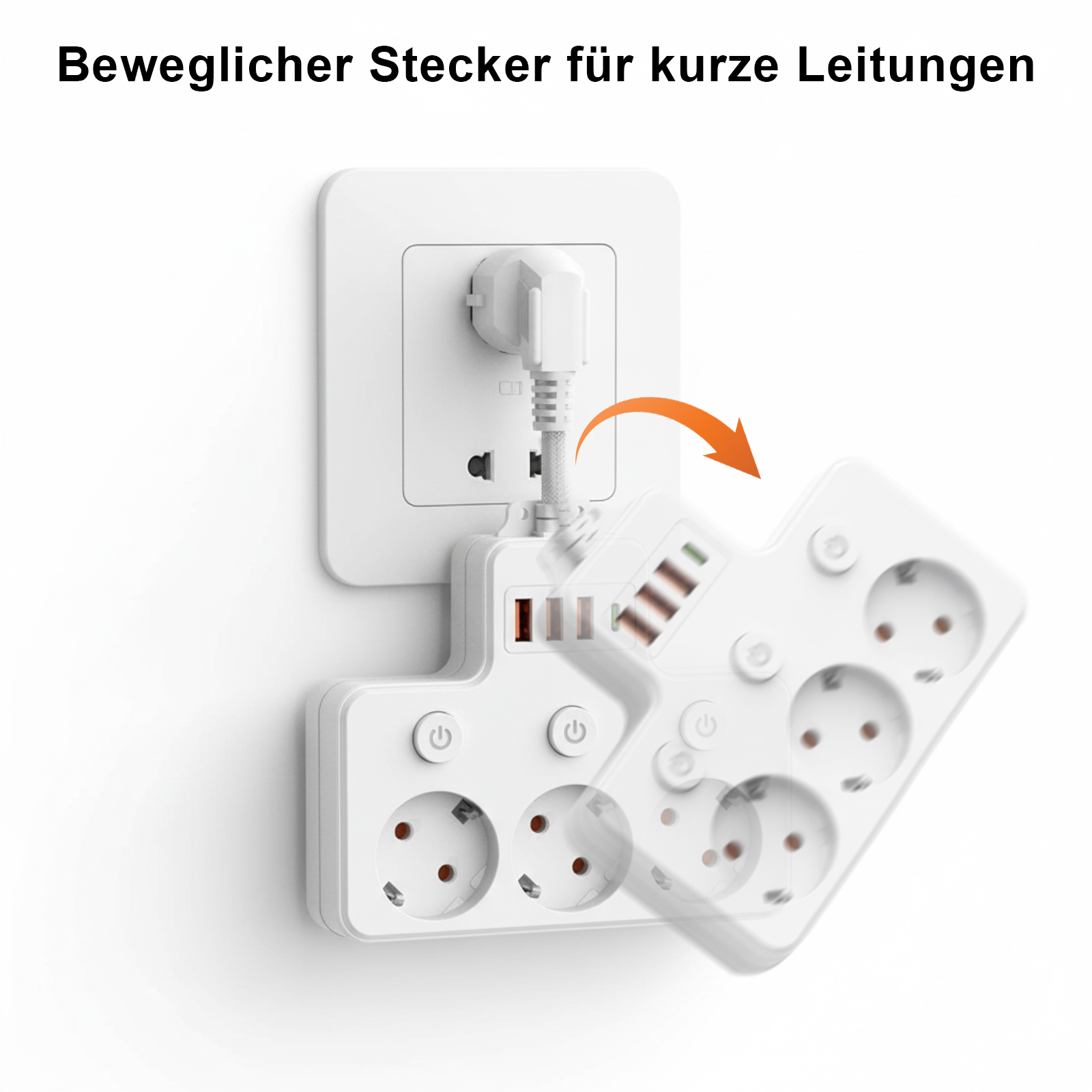 Weißes Verlängerungskabel mit mehreren Steckdosen und USB-Anschlüssen, an eine Steckdose angeschlossen. Ein oranger Pfeil zeigt die Bewegung an.