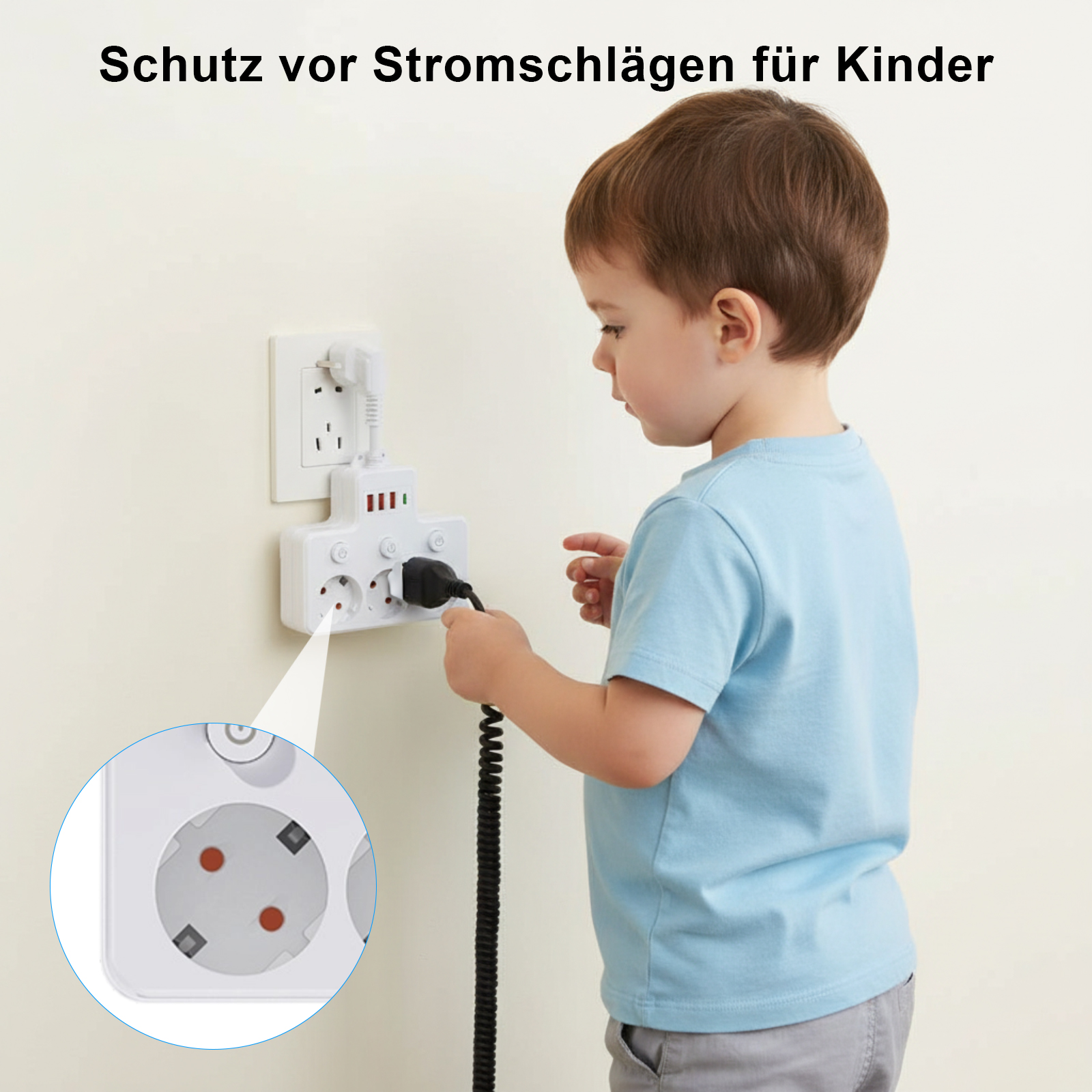 Ein Kind in blauem Hemd greift nach einem Stromkabel, das in eine Steckdose mit Sicherheitsvorrichtung gesteckt ist.