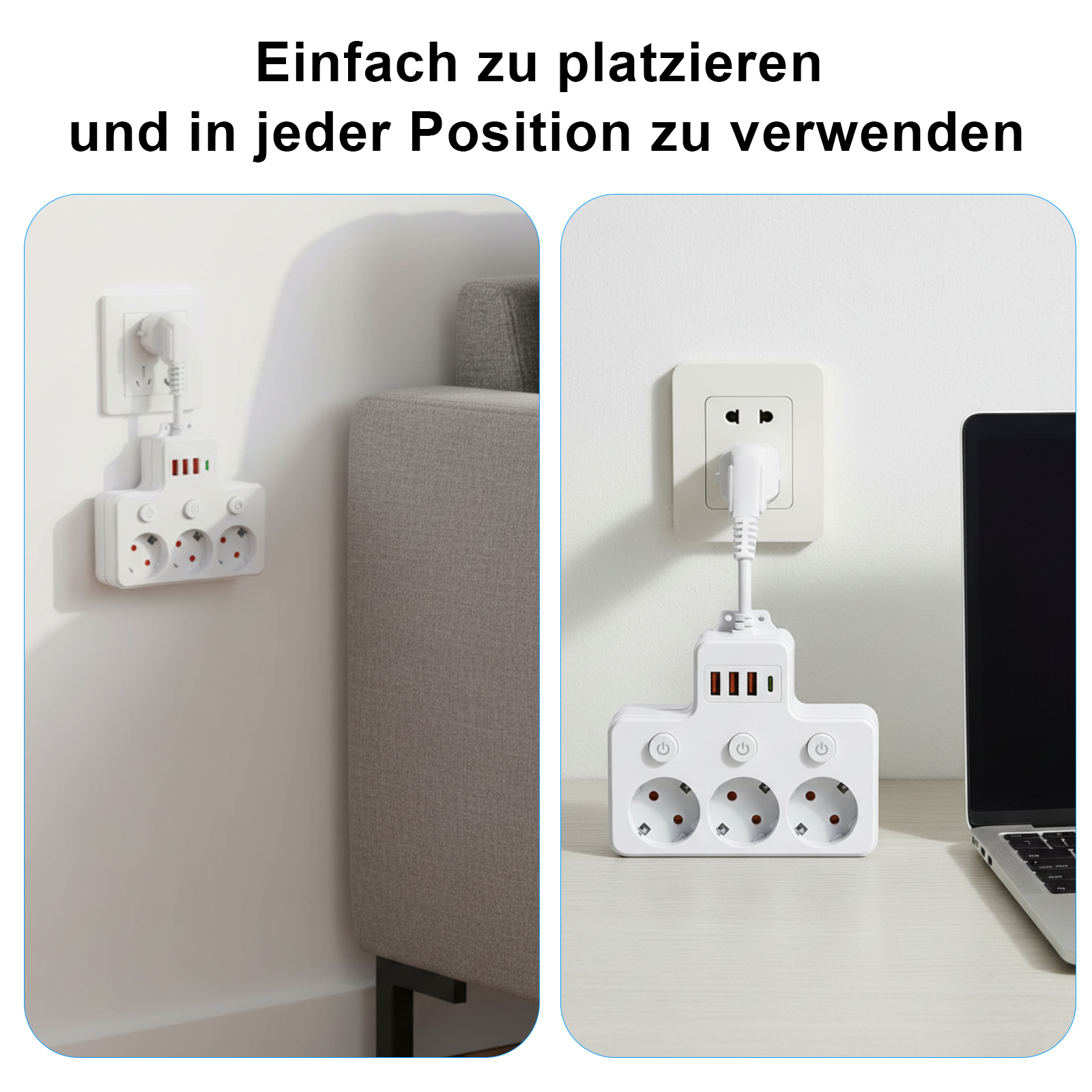 Zwei weiße Steckdosenleisten, eine an der Wand, eine auf dem Schreibtisch, jeweils in eine Steckdose gesteckt.