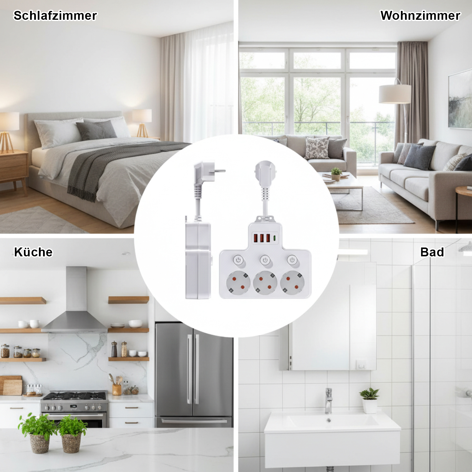 Das Bild zeigt eine Steckdosenleiste und Szenen eines Schlafzimmers, Wohnzimmers, einer Küche und eines Badezimmers. Eine weiße Steckdosenleiste ist mittig.