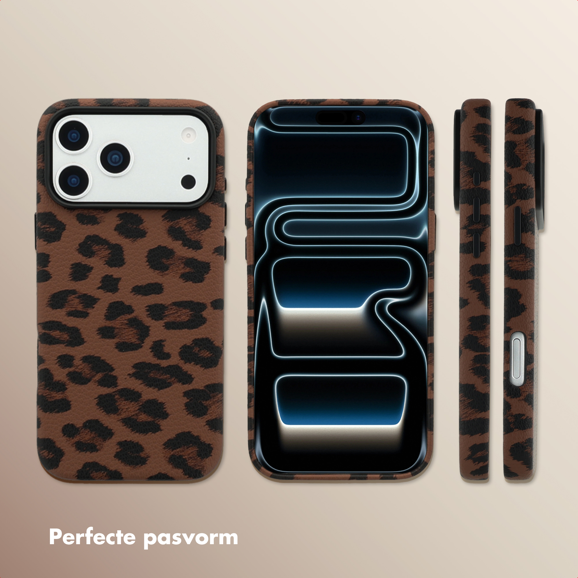 Trois vues d'une coque de téléphone à imprimé léopard. L'écran du téléphone est noir avec un contour bleu. La coque est marron avec des taches noires.